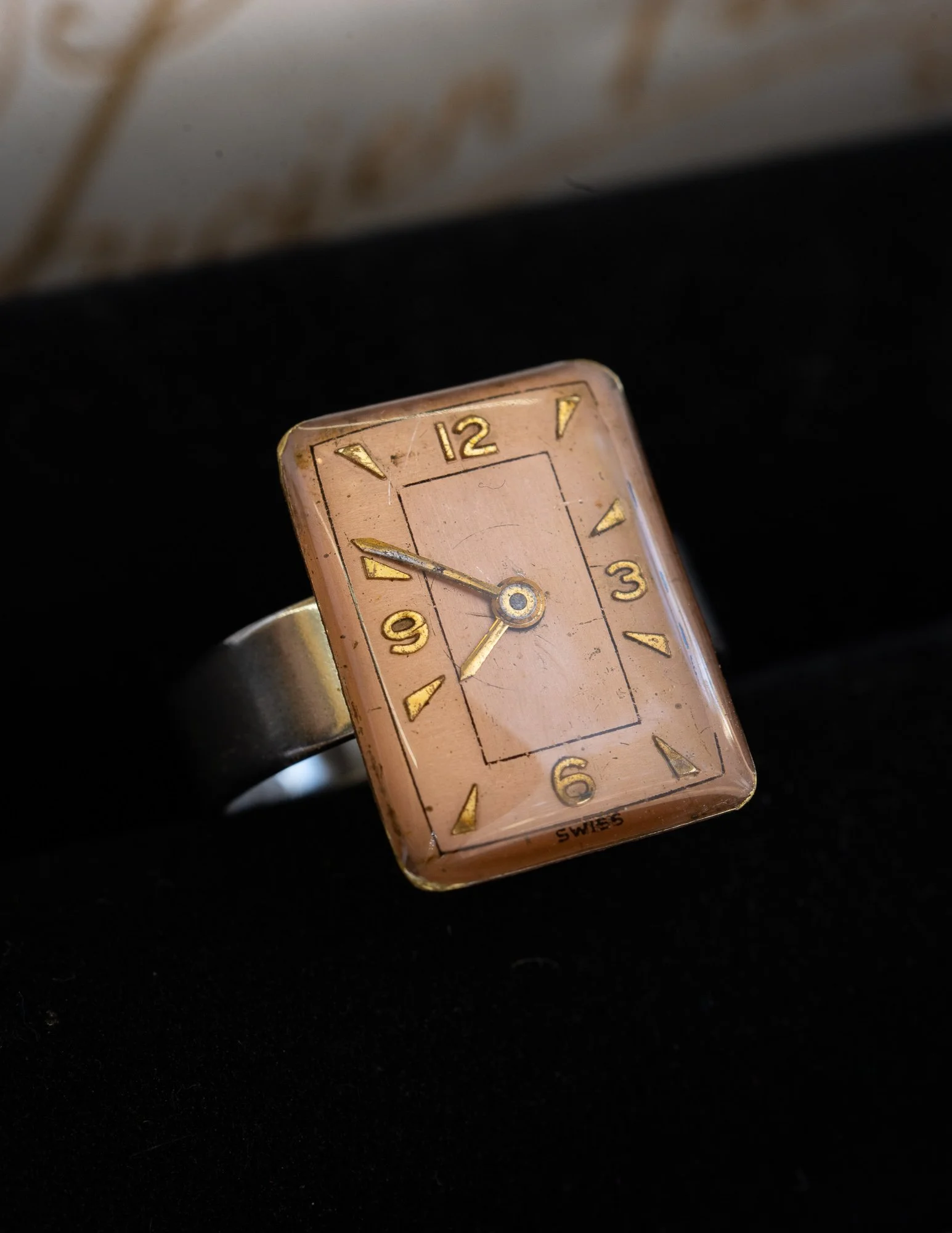 Antique Rectangular Watch Dial Stainless Steel Adjustable Ring