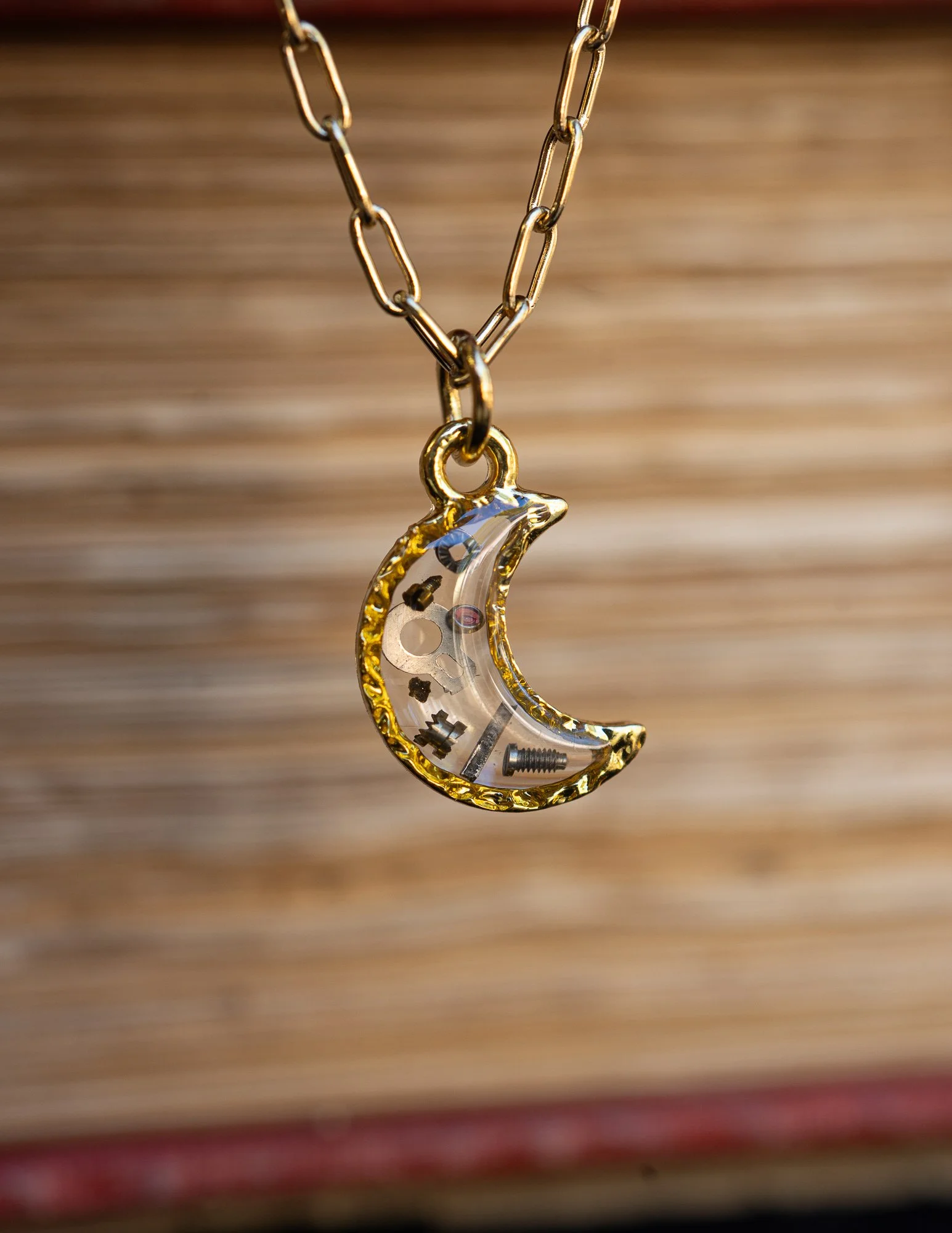 Tiny Gold Plated Crescent Moon with Antique Watch Parts Resin Necklace