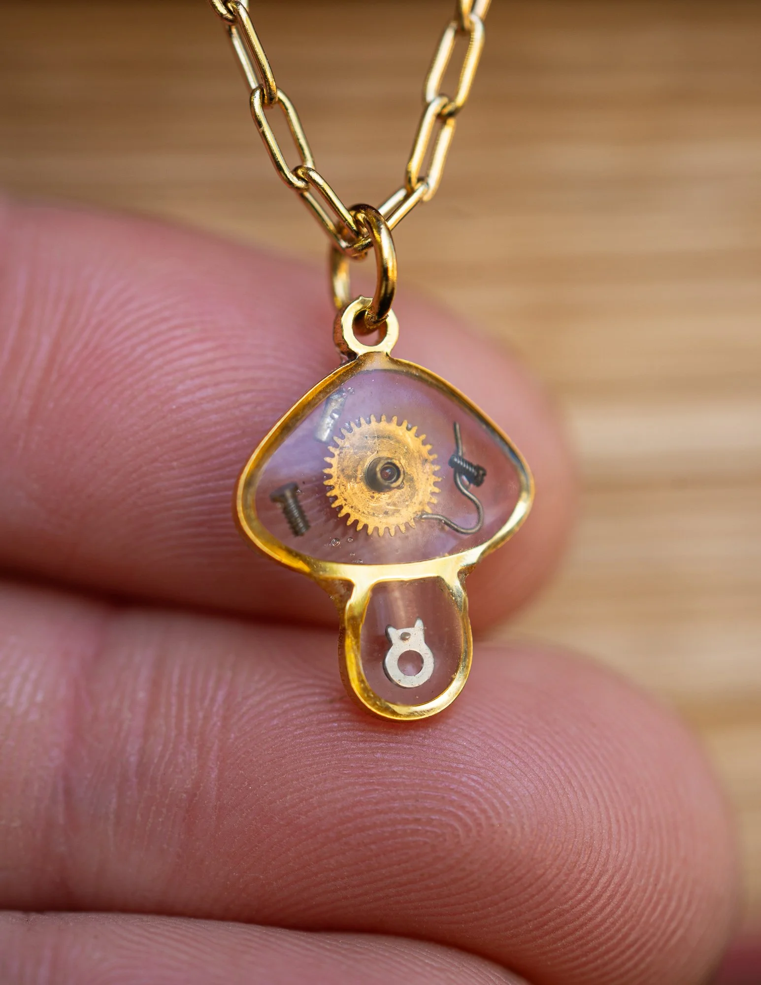 Tiny 24k Gold Plated Mushroom with Antique Watch Parts Resin Necklace