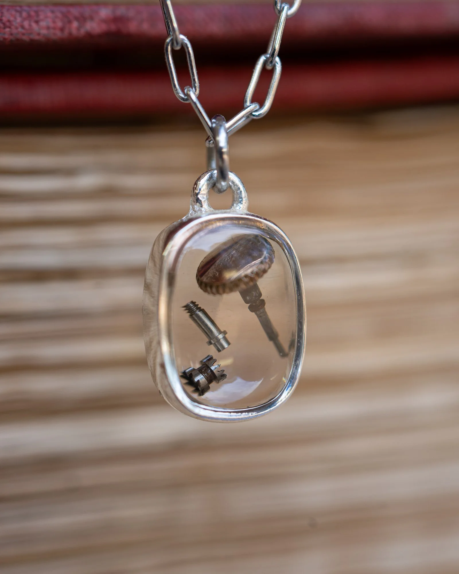 Tiny Silver Plated Squared Oval with Antique Watch Parts Resin Necklace