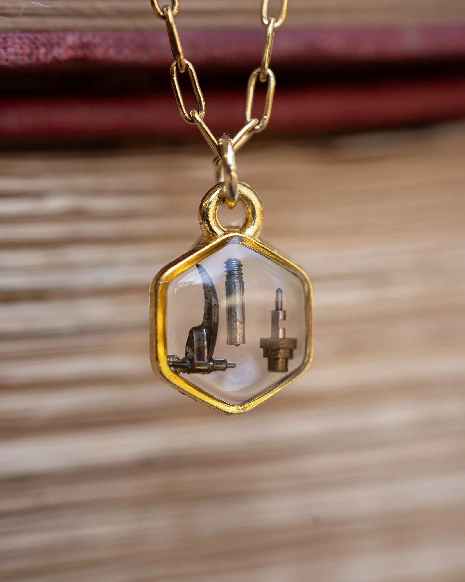Tiny Gold Plated Hexagon with Antique Watch Parts Resin Necklace