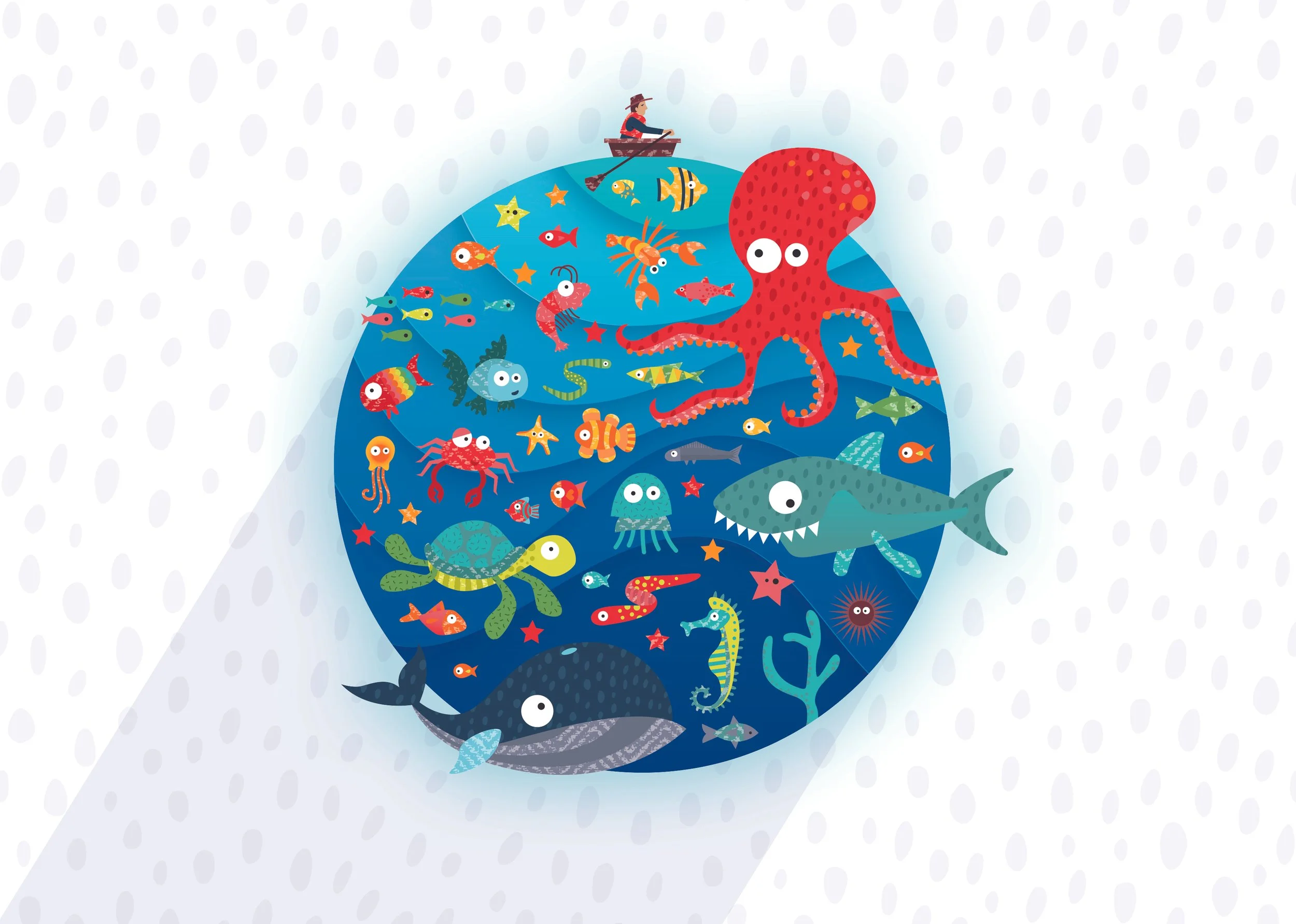 Illustration of various sea creatures including an octopus, sharks, fish, sea turtles, and jellyfish inside a circular area, with a person in a boat on top of the circular area.