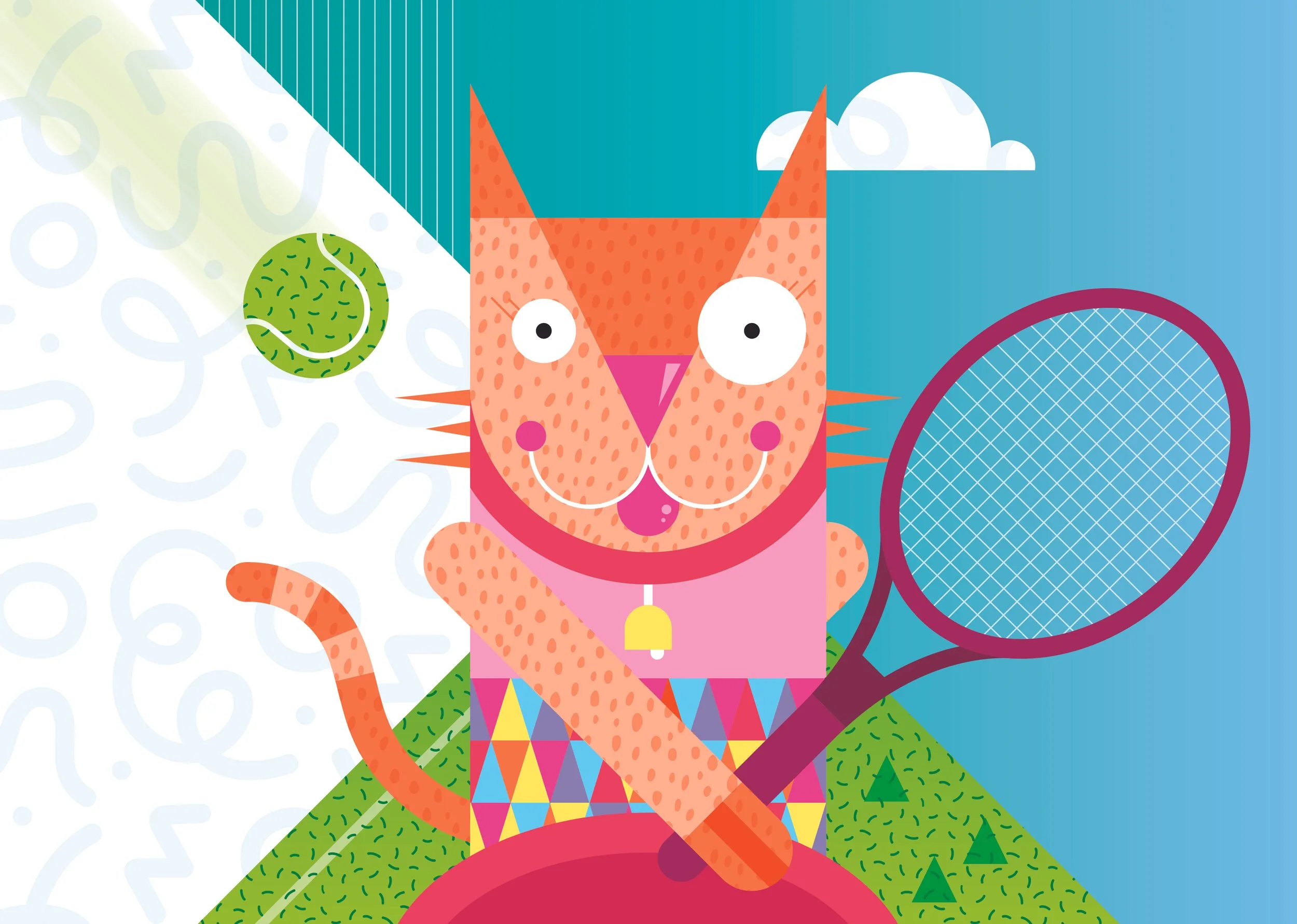 A colorful cartoon cat holding a tennis racket with a tennis ball about to hit it. The background features a split scene with a white, scribbled pattern on the left and a blue sky with clouds on the right, and a green hill with small trees.