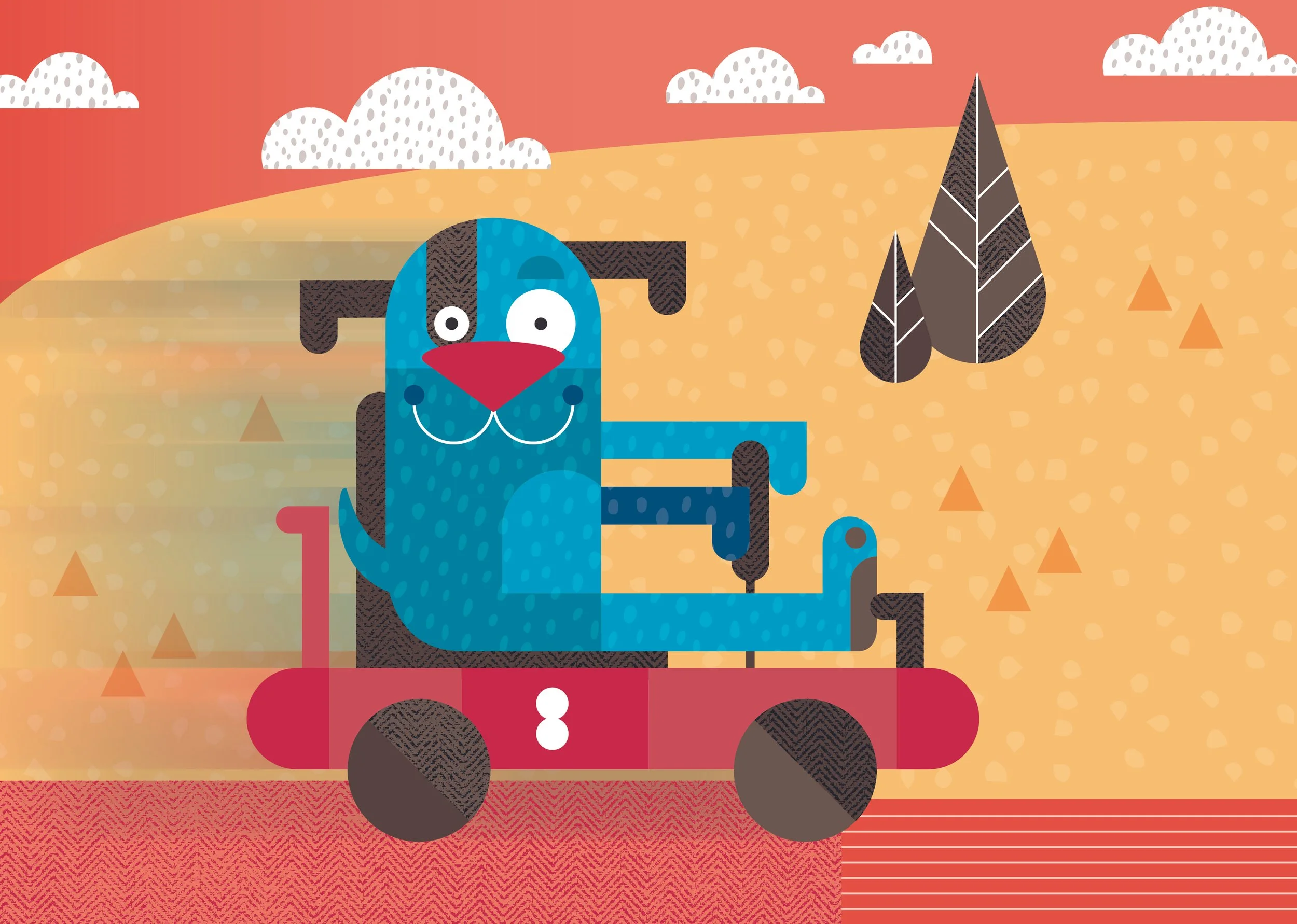 A colorful illustration of a blue cartoon dog with a red nose and a winking eye, sitting on a red train car with black wheels on a stylized landscape with hills, trees, and clouds.