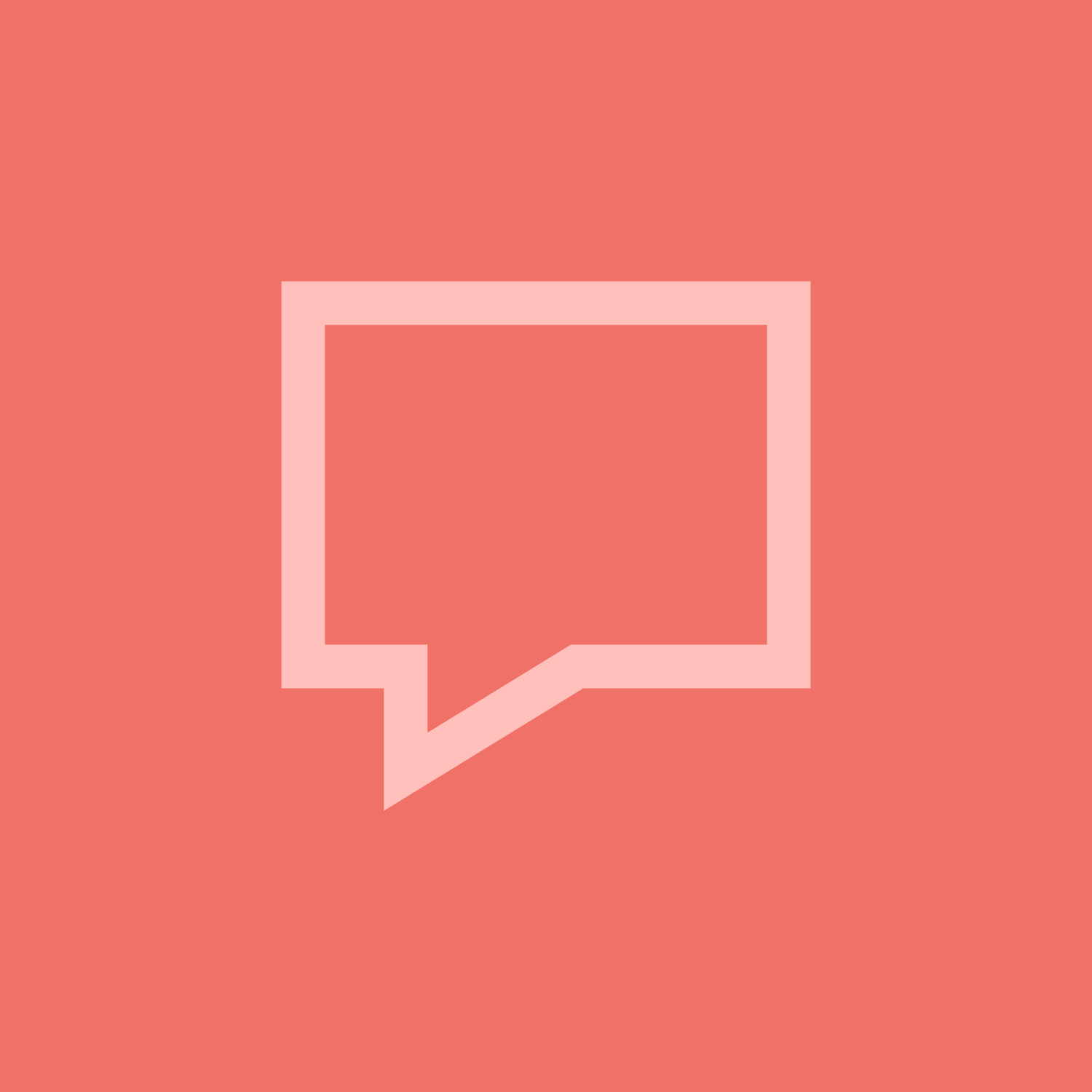 A pink speech bubble icon on a coral background, resembling a comment or message icon.