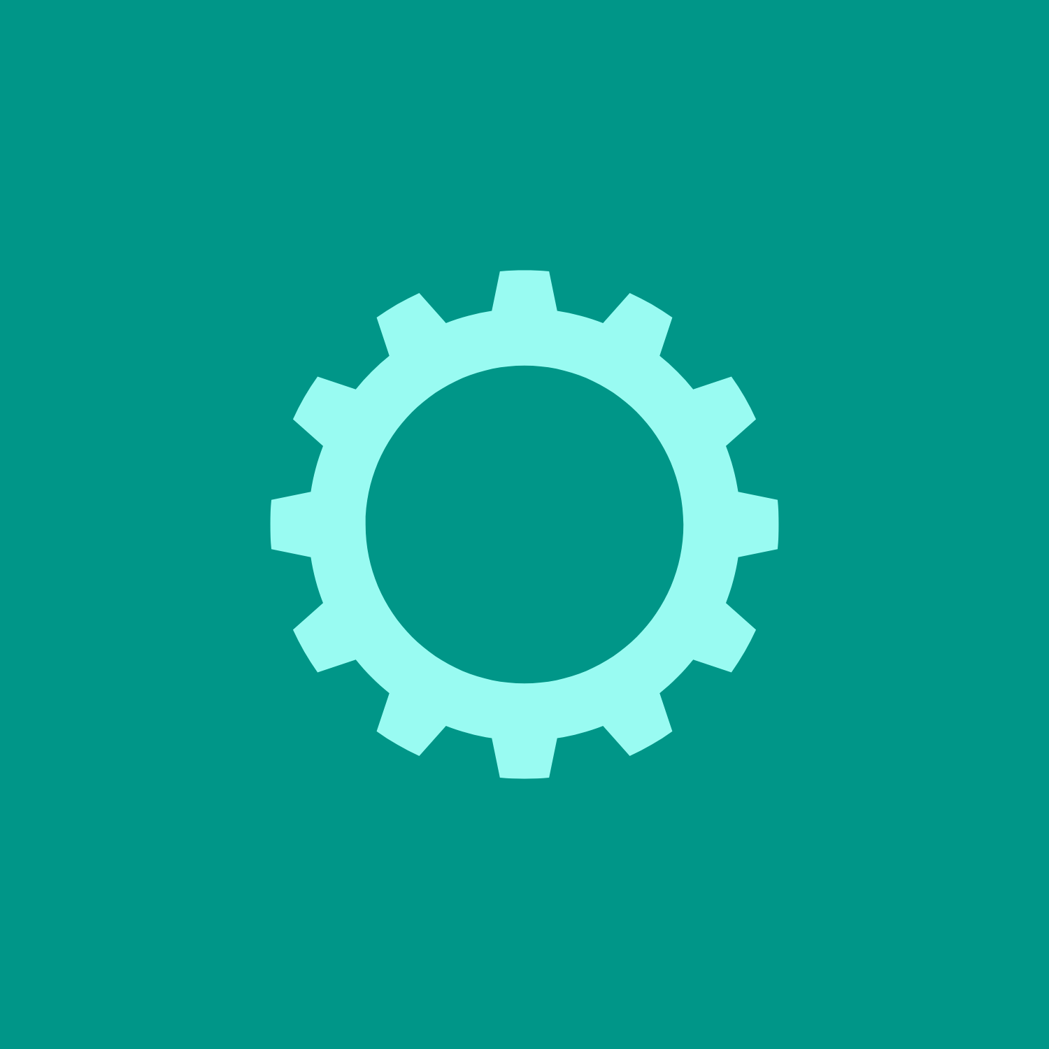 Graphic of a gear or cogwheel on a teal background.