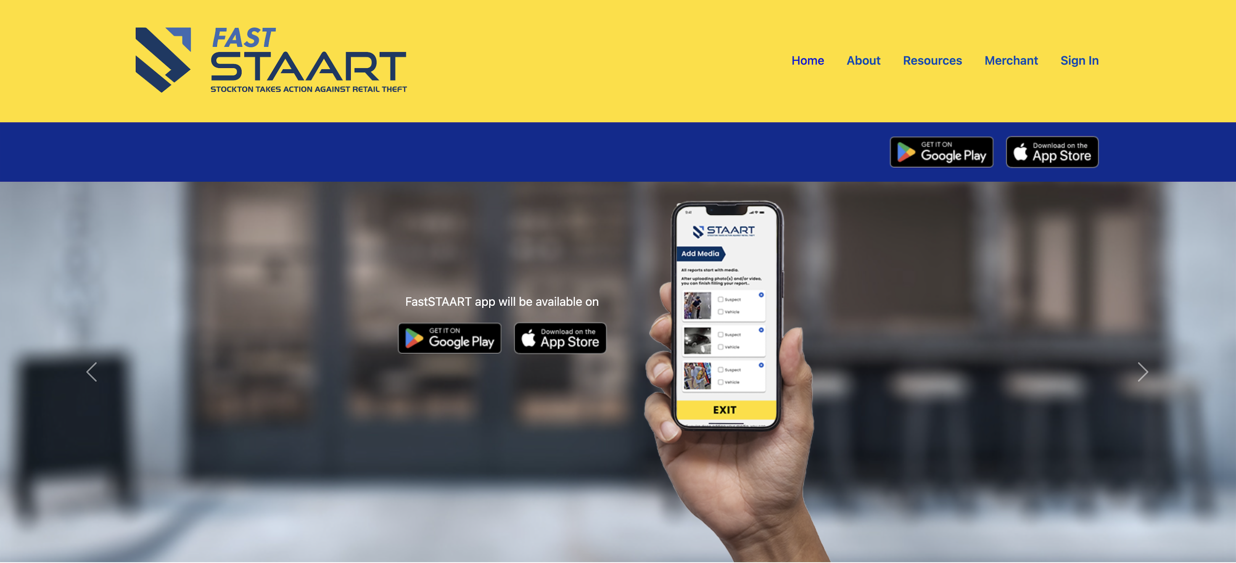 FAST STAART Home Page image of a hand holding a mobile phone with a screen shot of the app