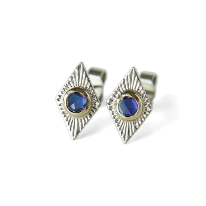 14k white gold, 14k yellow gold, lab-created blue sapphires