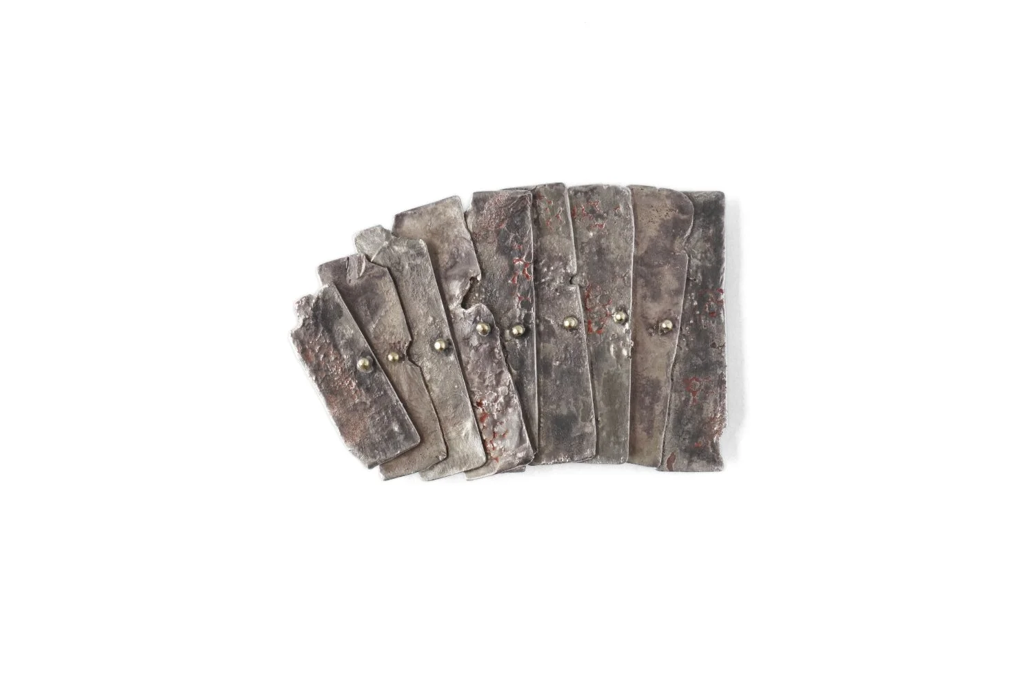 Shibuichi, sterling silver, 9k gold, stainless steel, paint