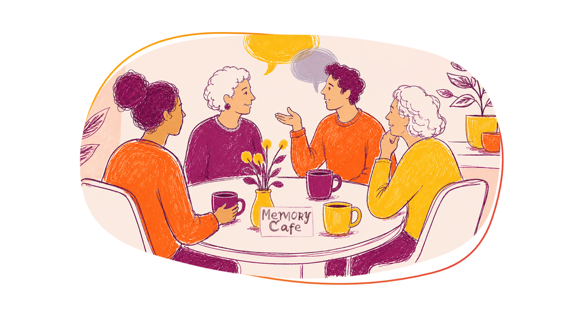 colorful simple sketchy illustration of four people sitting around a table with a few mugs of beverages and a sign on the table that says "memory cafe." Two of the people at the table appear to be elderly women and two are younger adults.