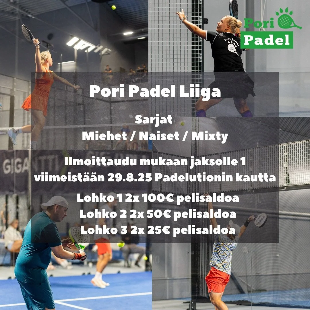 🔥Pori Padel Liiga🔥

Ilmoittautuminen on nyt auki Pori Padel Liigaan, ilmoittaudu viimeist&auml;&auml;n 29.8 klo 23:59 menness&auml;.

Ilmoittautumiset:
Miehet:
https://www.padelution.com/leagues/pori-padel-liiga/pori-padel-liiga-miehet

Naiset:
htt