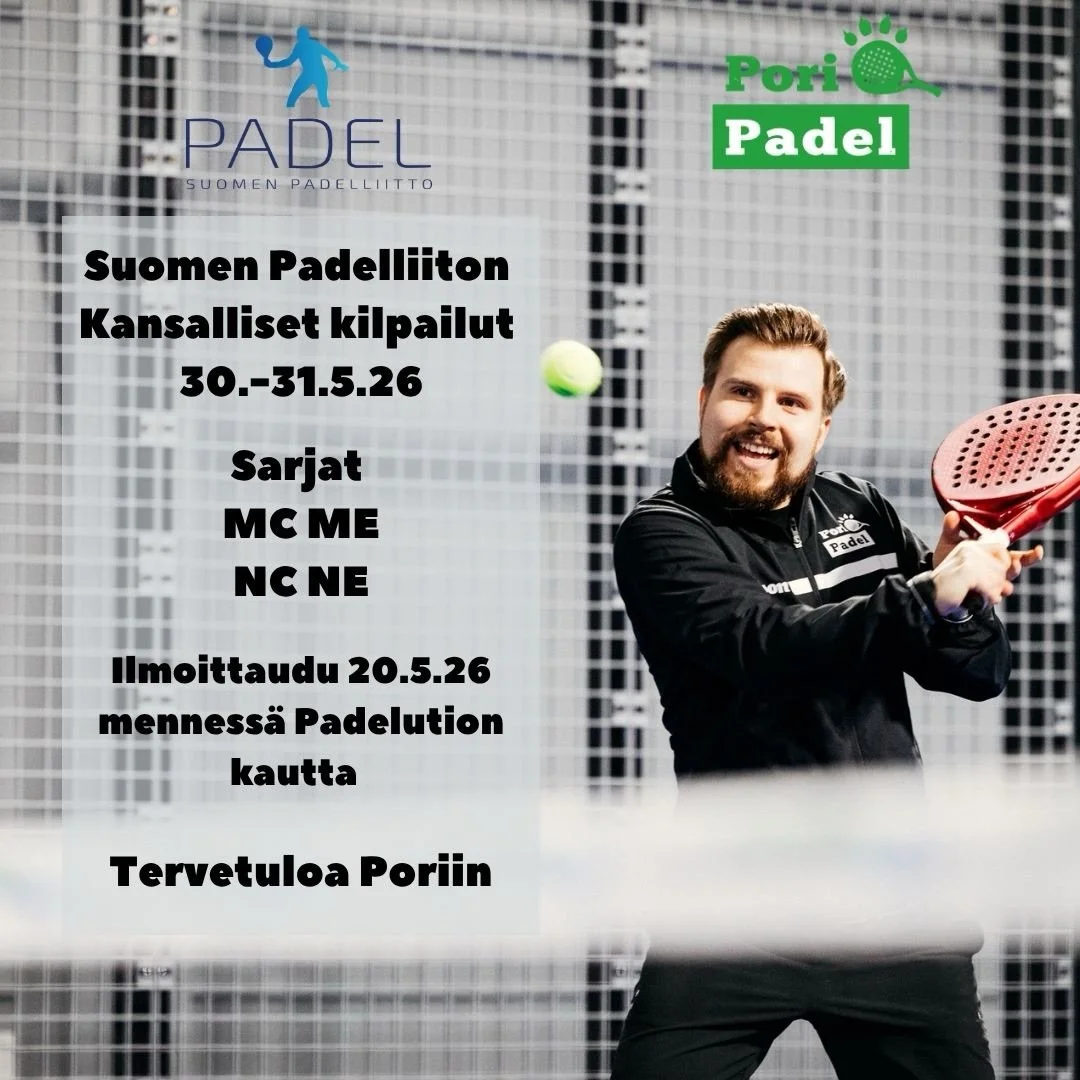 🔥30.-31.5.26 Kisaillaan Porissa🔥

Ilmoittautuminen auki Padelution palvelussa nyt! N&auml;hr&auml;&auml;ks suki Poris?

L&ouml;yd&auml;t my&ouml;s linkin ilmoittautumiseen kotisivujemme kohdasta tapahtumat / Kilpailut

Sarjat:
Miehet C-luokka (16 p