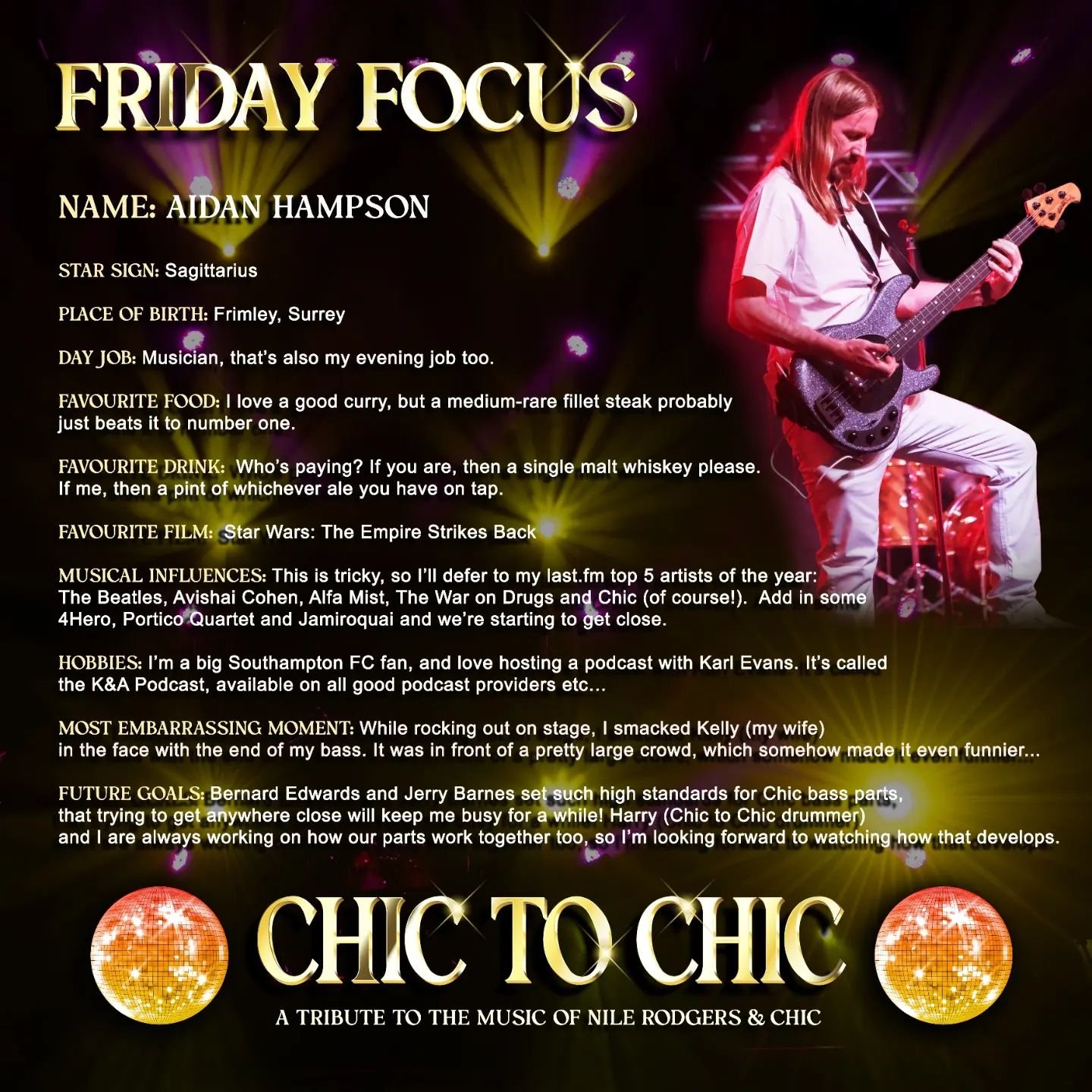 #FridayFocus It's all about Aidan this week! Not only does he play the funky bass, he's also our musical director 🎶🎶🪩

#chictributeband #disco #nilerodgersandchictribute #chictributeshow #nilerodgersandchictributeshow #chictochic #nilerodgersandch