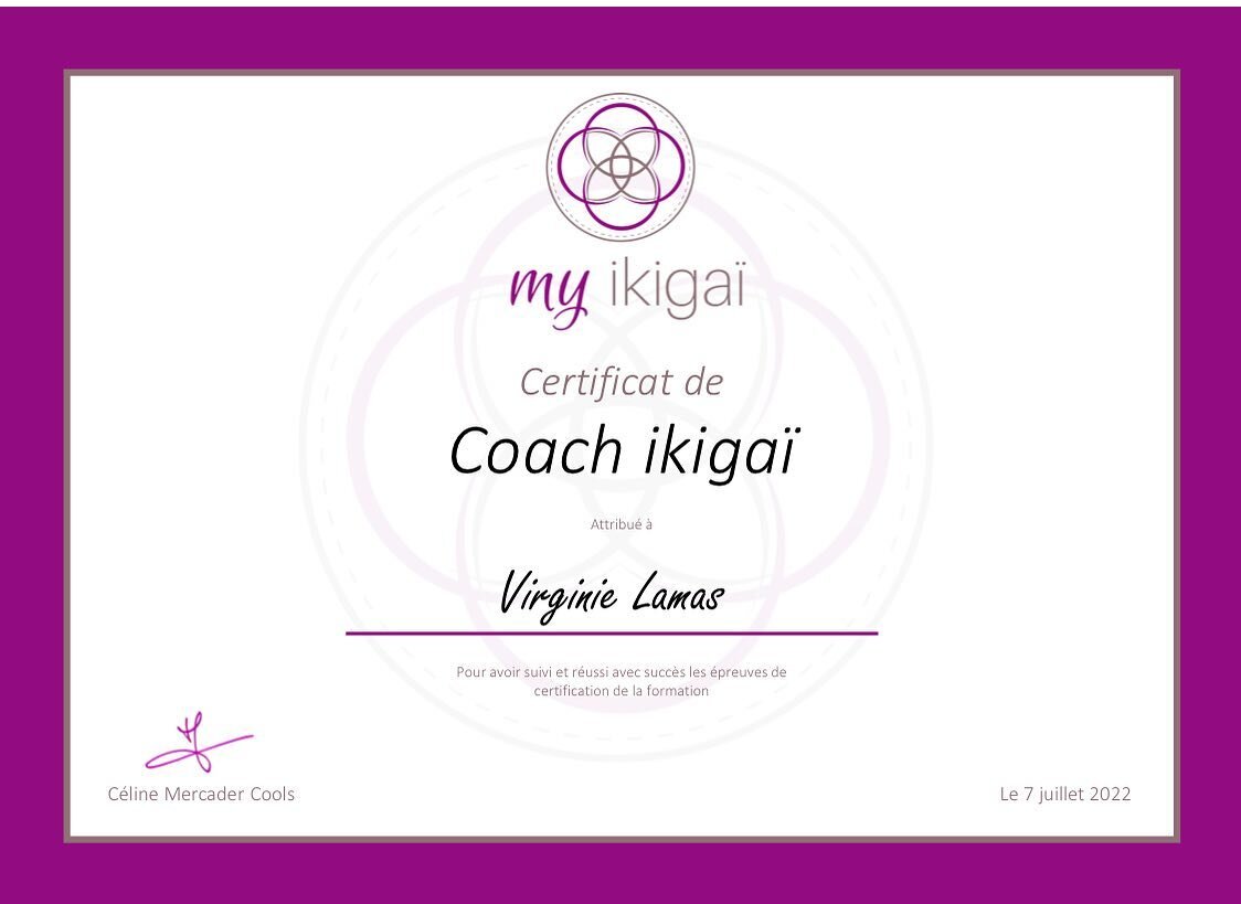 Mon certificat officiel est arriv&eacute;!&thinsp;
&thinsp;
☝️D&egrave;s le 25 ao&ucirc;t je propose deux programmes de coaching ikiga&iuml; pour trouver votre &ldquo;raison d&rsquo;&ecirc;tre&rdquo; en 4 ou 7 s&eacute;ances de coaching. Prix sur dem