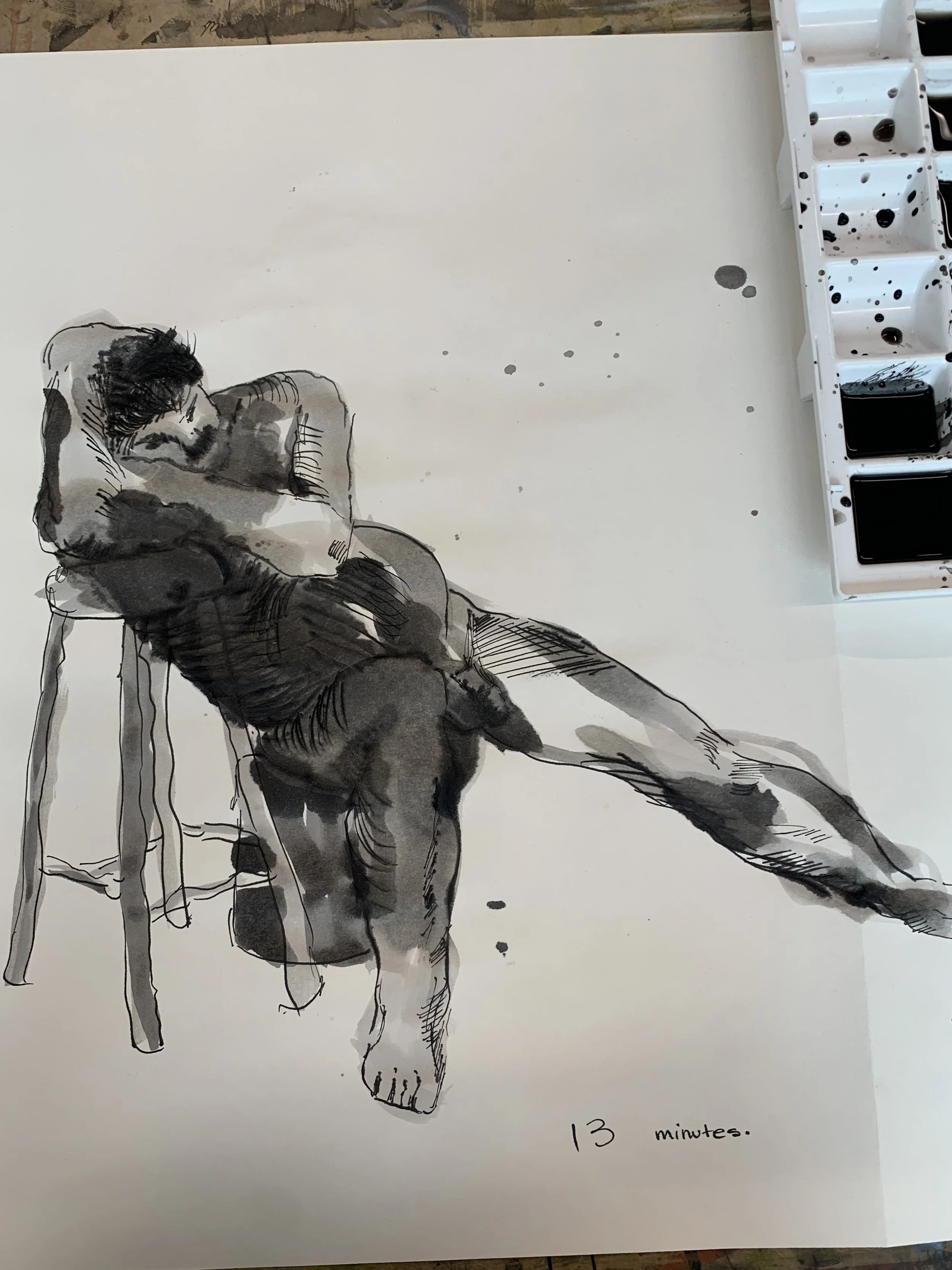 '13 minute pose' ink and fineliner on paper, 2023