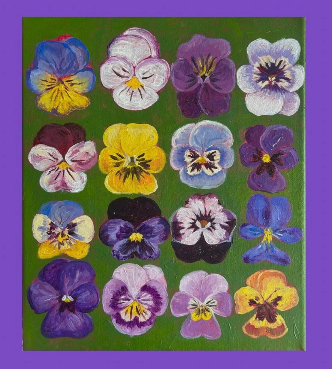 A colorful painting of 16 pansy flowers on a green background, surrounded by a purple border.