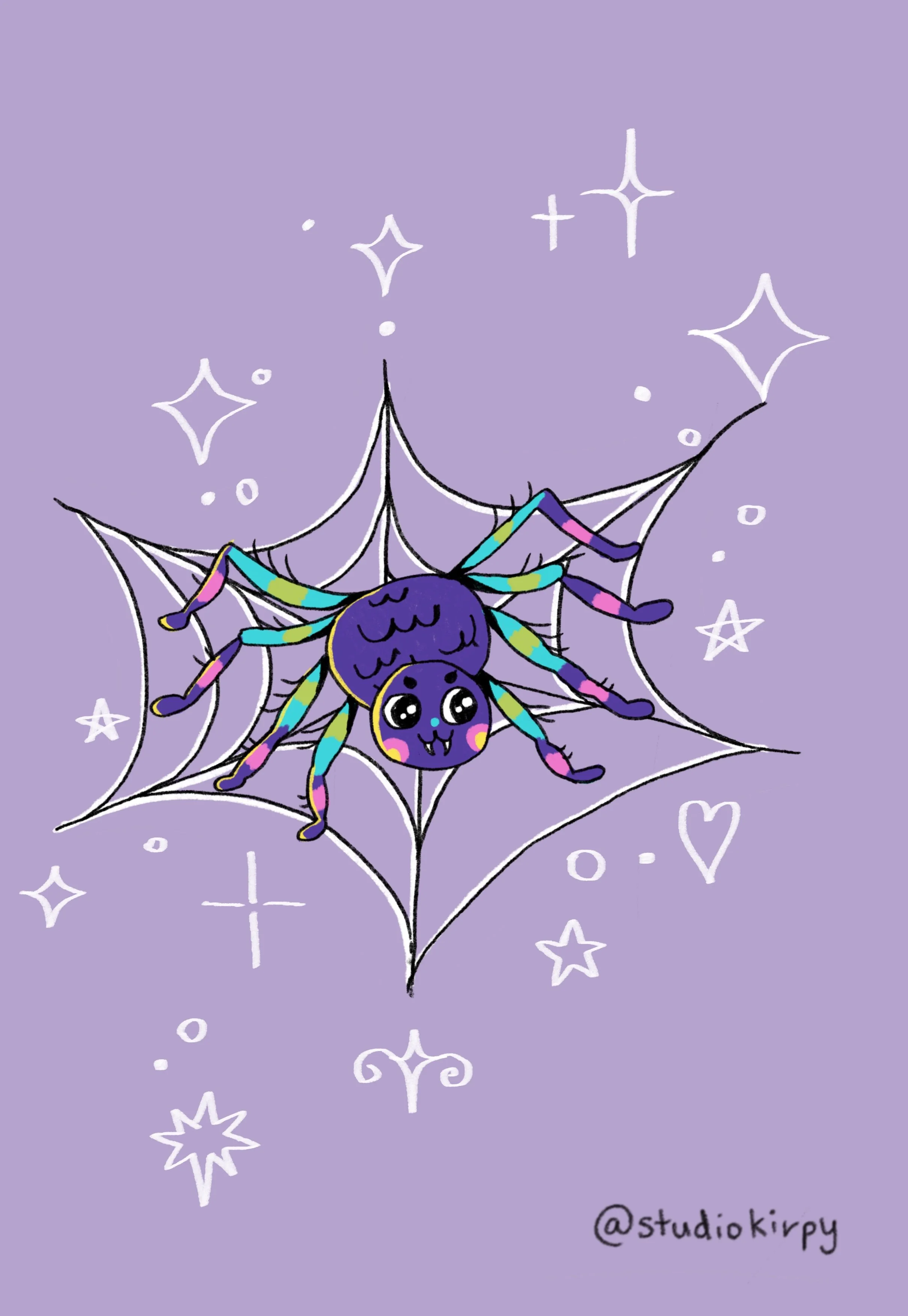 A colorful cartoon spider hanging upside down on a web with stars, hearts, and sparkles in a purple background.