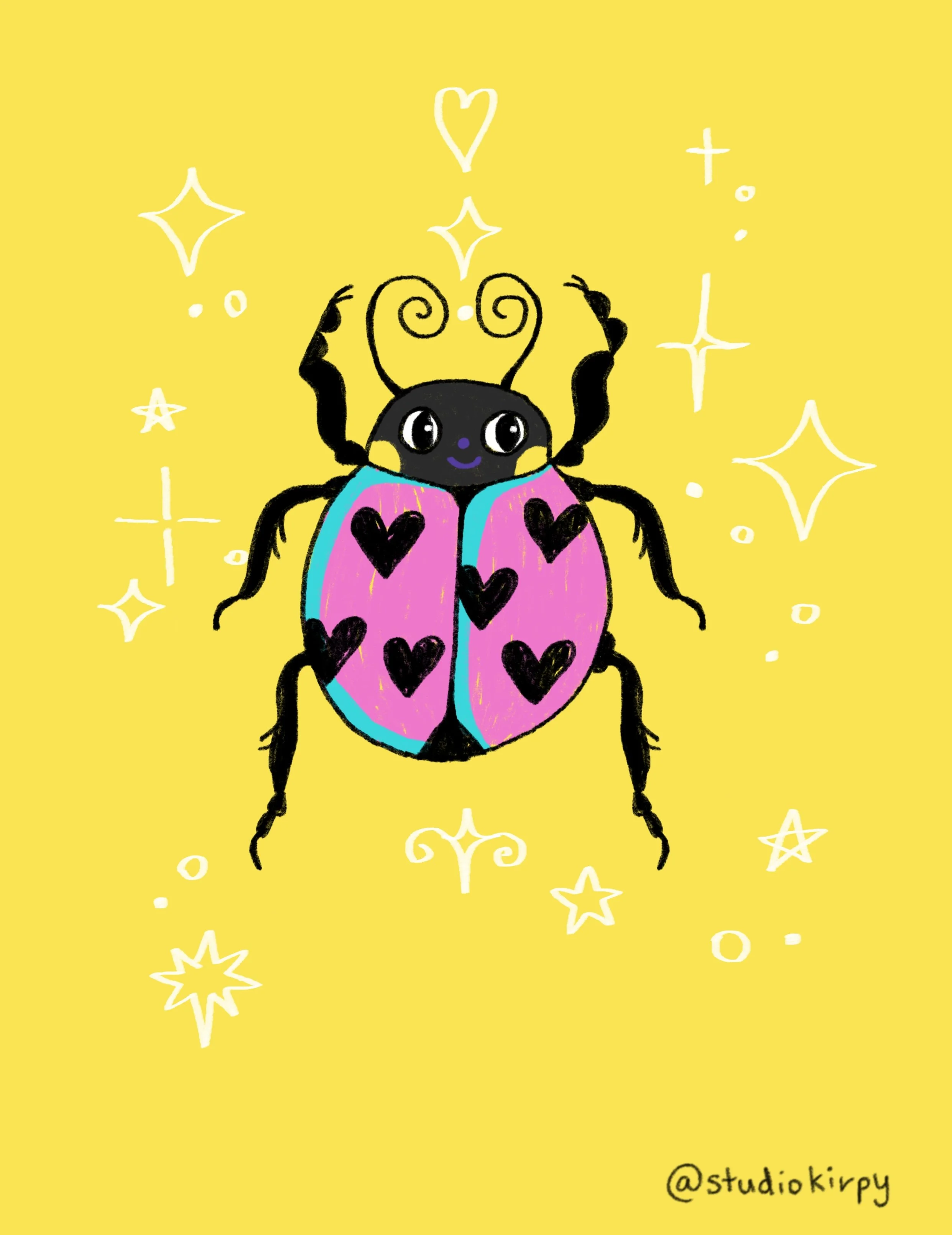 Colorful drawing of a cute, cartoonish ladybug with pink wings decorated with black hearts, set against a bright yellow background with white star and sparkles, and the artist's handle '@studiokirpy' at the bottom right.