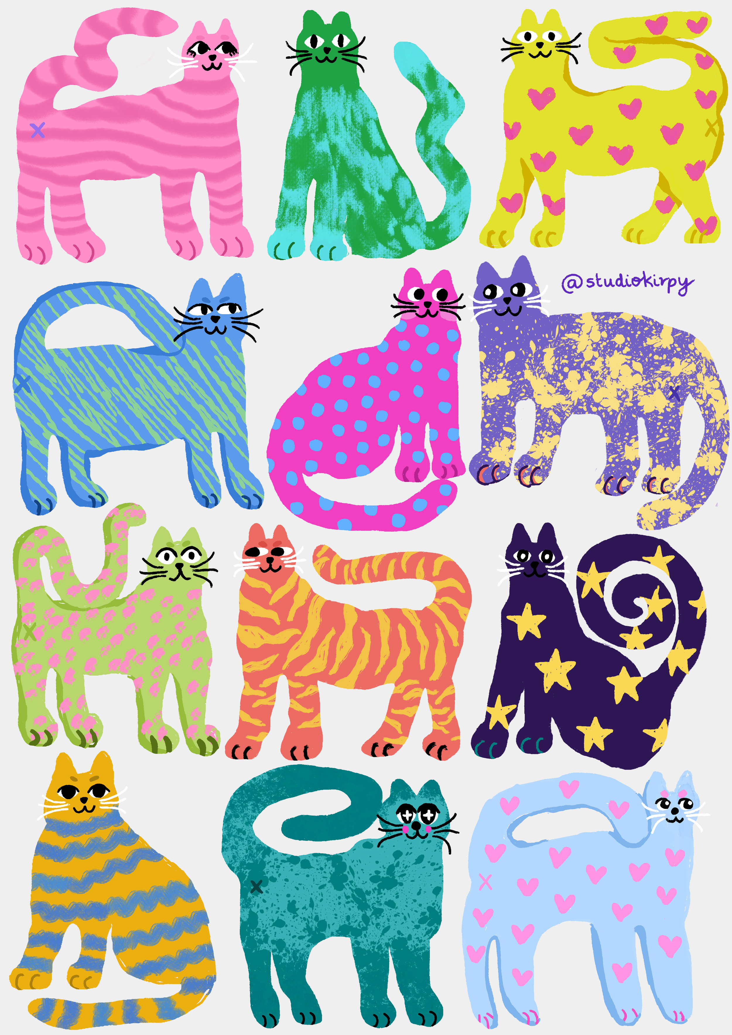 Colorful cartoon cats with various patterns and colors, including pink, green, yellow, blue, purple, orange, and black, arranged in rows.