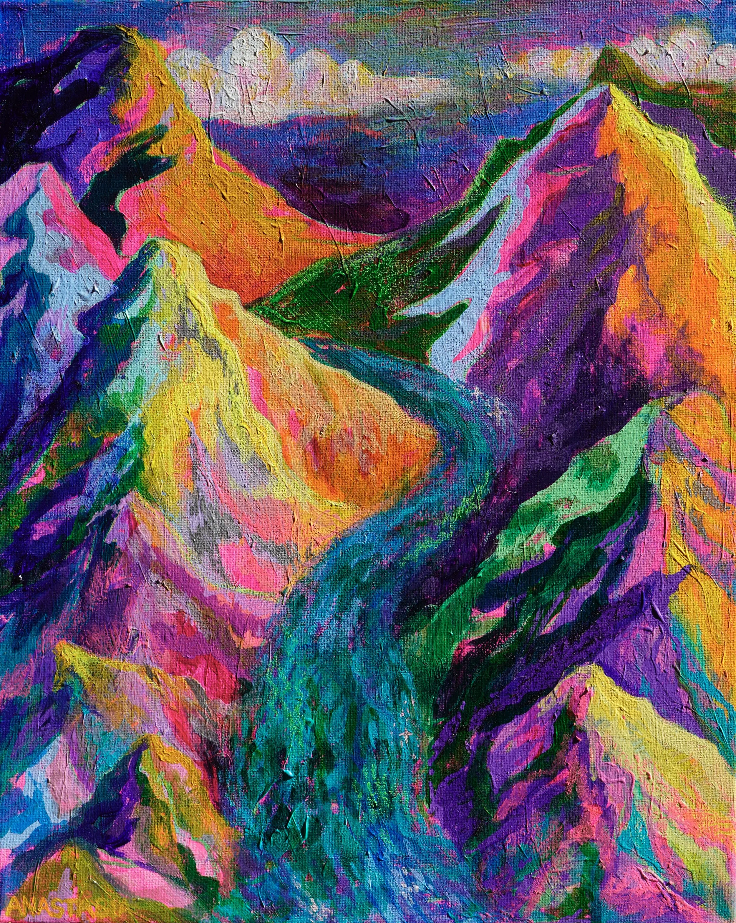 Abstract colorful painting with vibrant hues of pink, purple, yellow, green, blue, and black, with textured brushstrokes and layered paint.