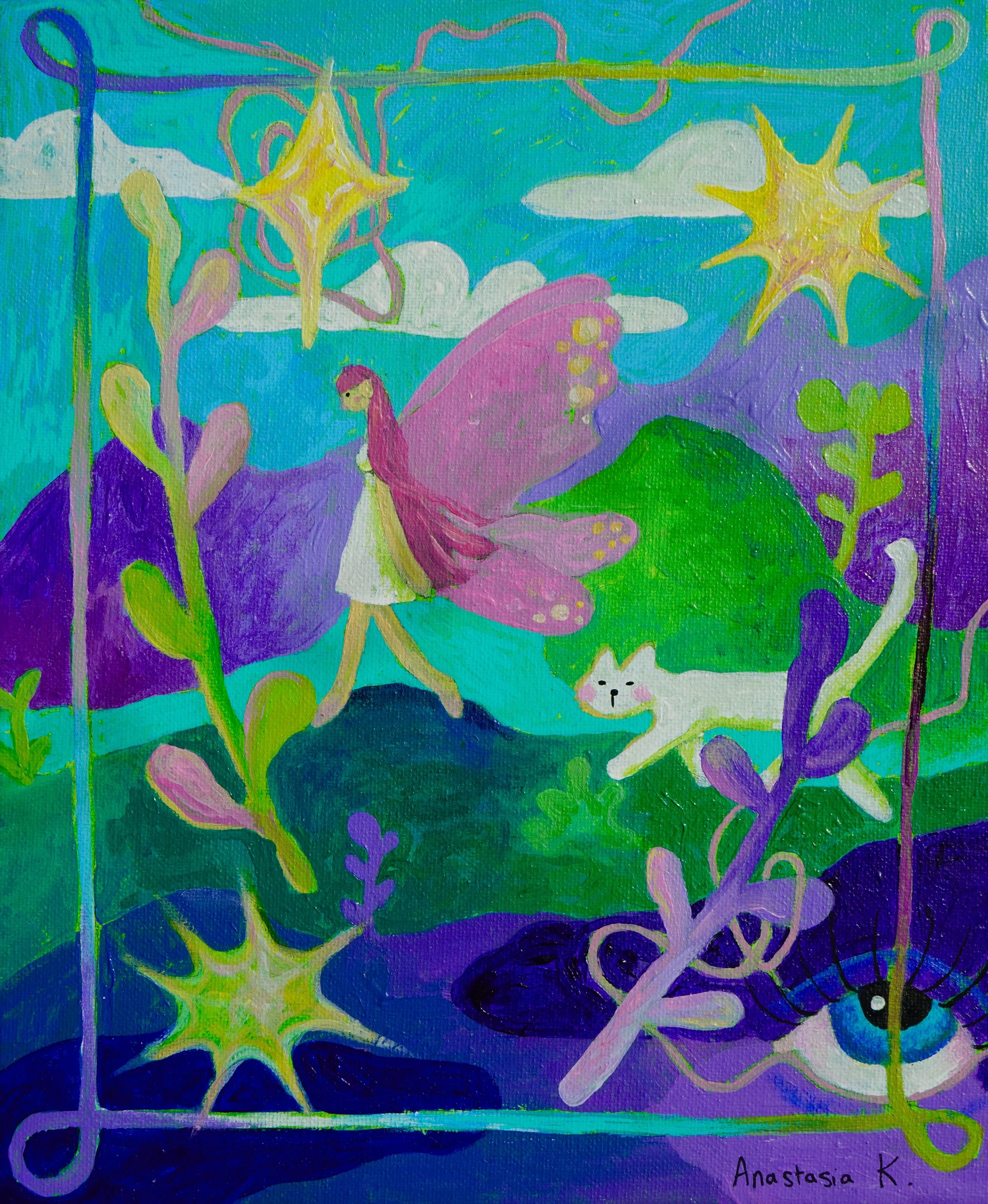 A colorful painting with a background of blue, green, and purple, featuring abstract shapes, a small fairy with pink hair and pink wings, and a smiling white animal at the bottom. The artist's name, Anastasia K., is written in the bottom right corner