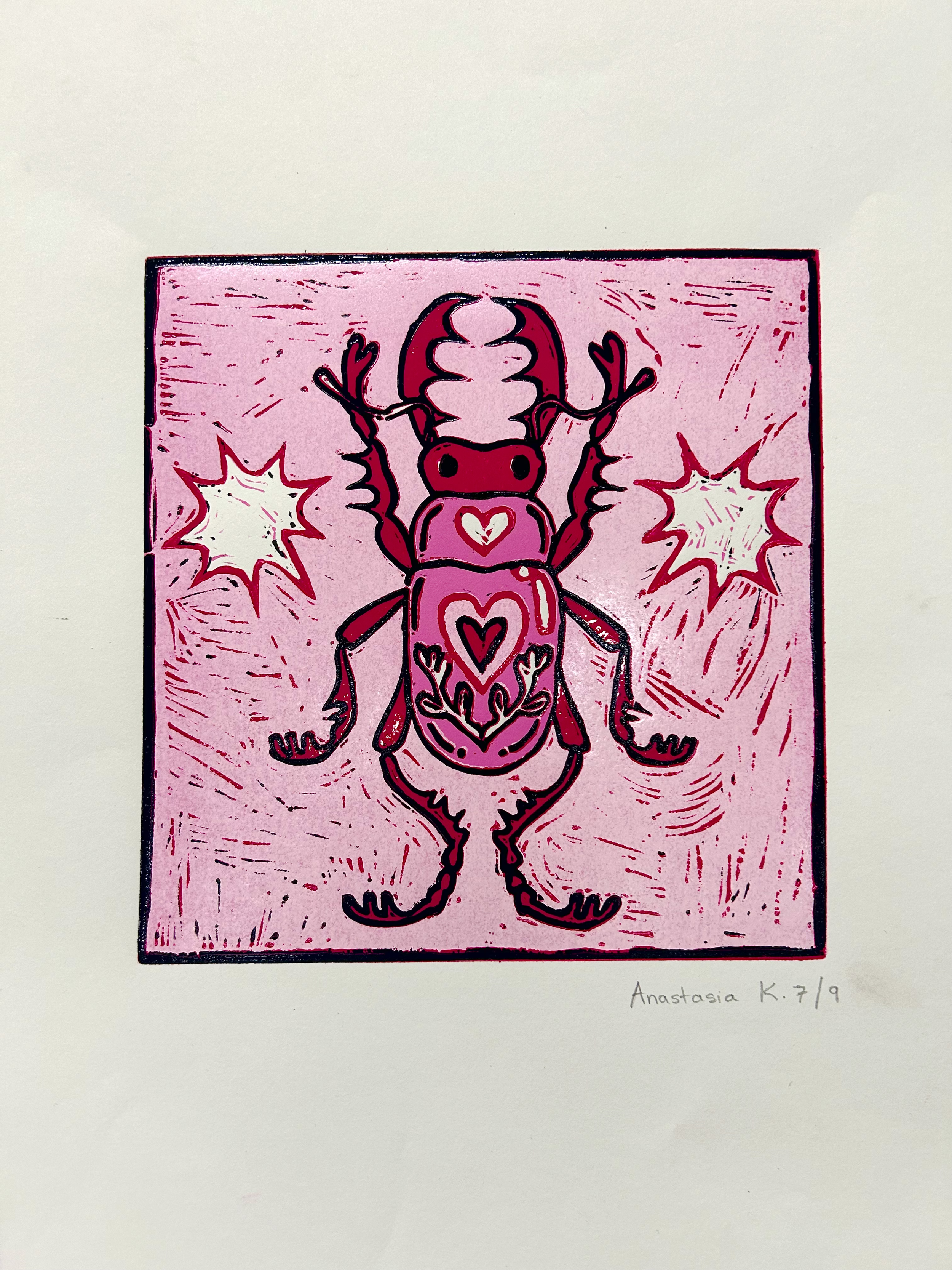 'funky beetle' reduction linoprint, 2023