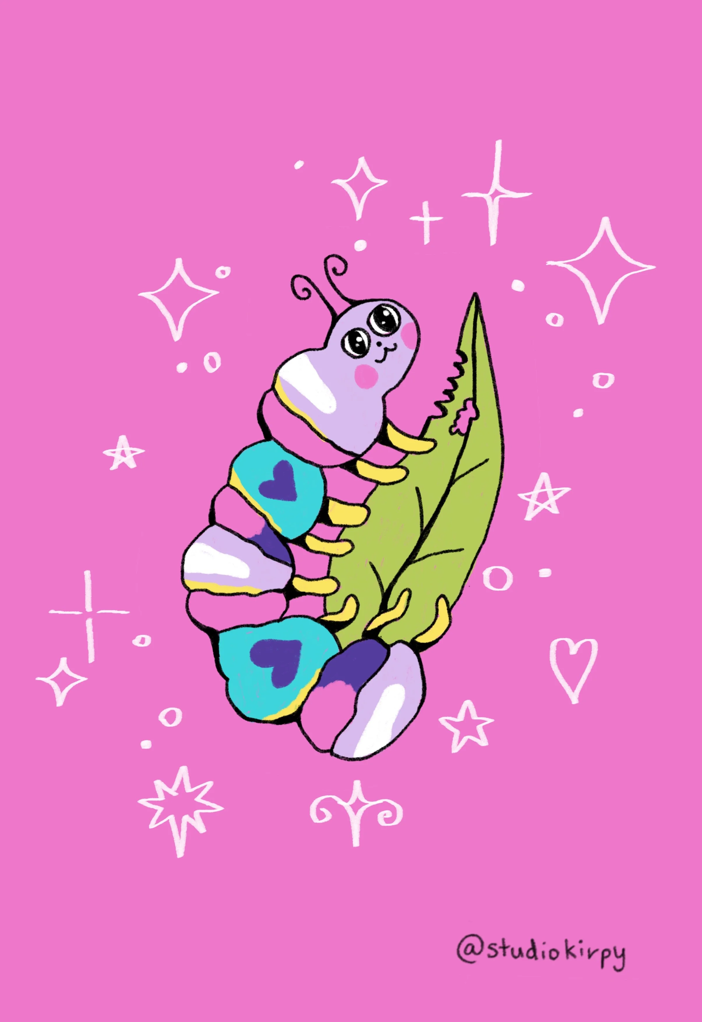 A cute, cartoon-style caterpillar with big eyes, pink cheeks, and colorful segments, climbing a green leaf. The background is pink with white sparkles, stars, hearts, and swirls. The image includes the text '@studiokirpy' at the bottom right corner.