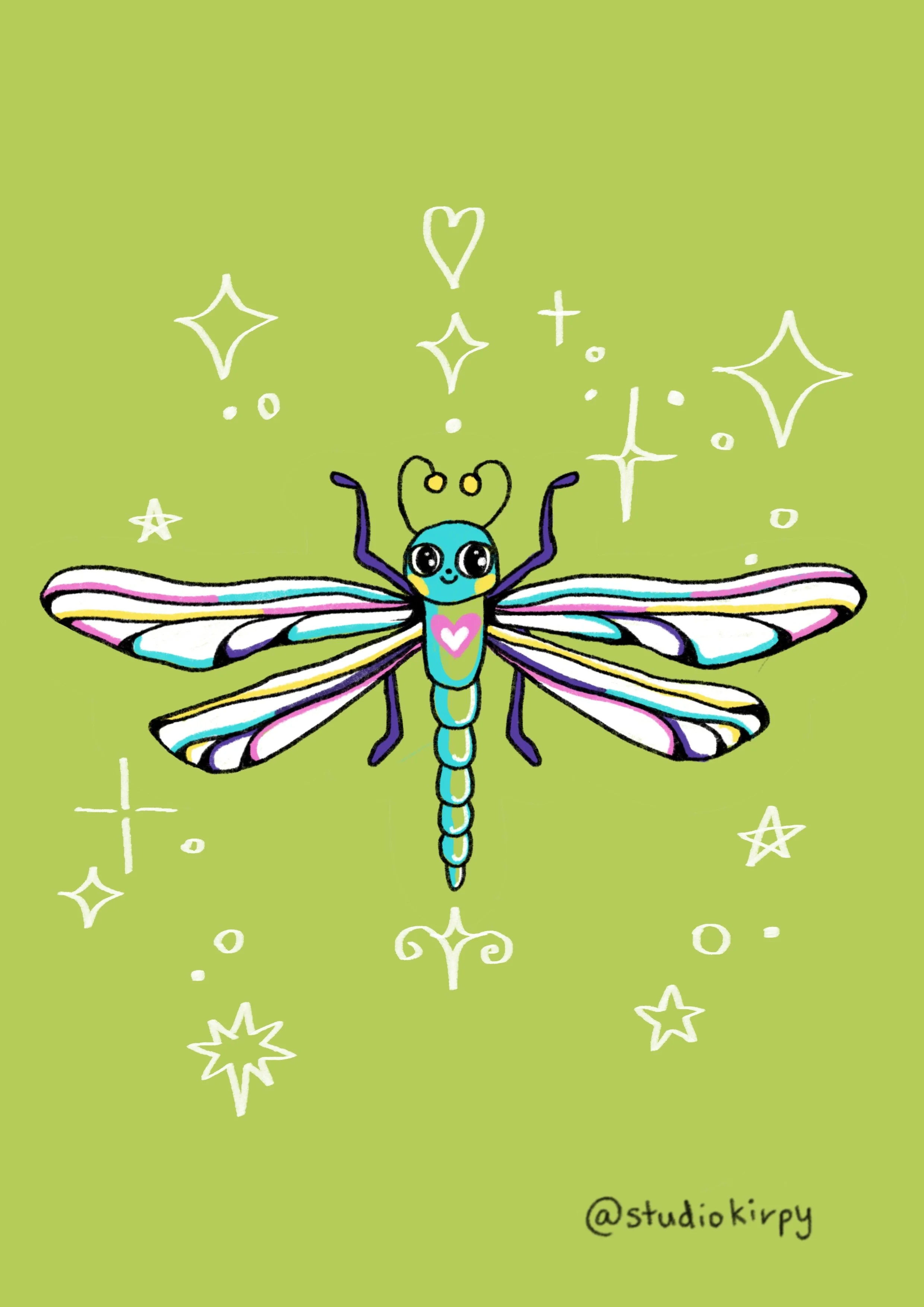 A colorful illustration of a cute, cartoon-style dragonfly with big eyes and rainbow-striped wings, set against a light green background decorated with white stars, sparkles, and hearts, with the artist's handle '@studiokirpy' written in black at the