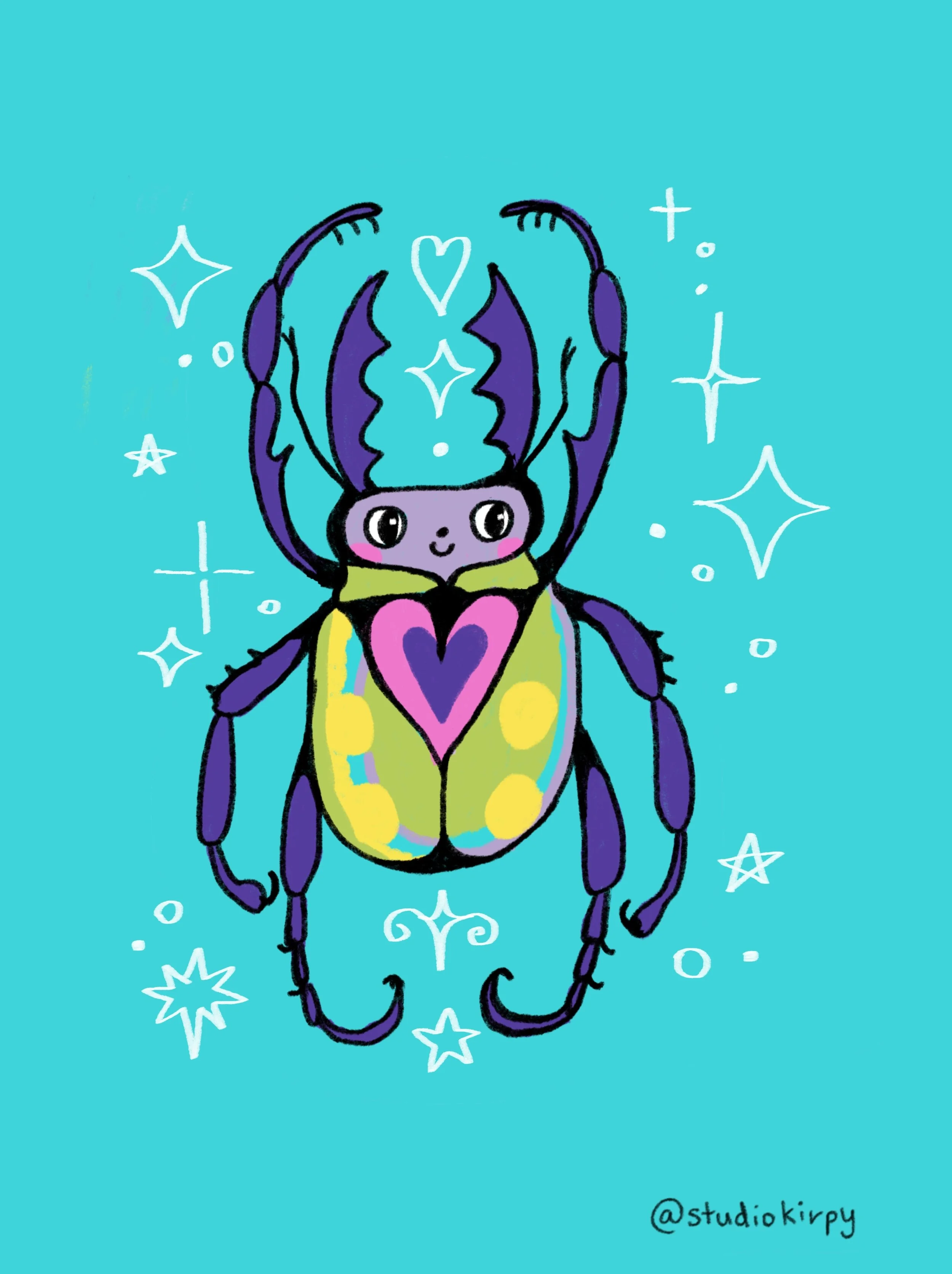 A colorful, cartoon-style illustration of a beetle with a purple and yellow body, purple legs and antennae, and a pink and purple heart on its chest. The beetle has large, expressive eyes and is surrounded by white, star-shaped and swirl patterns on 