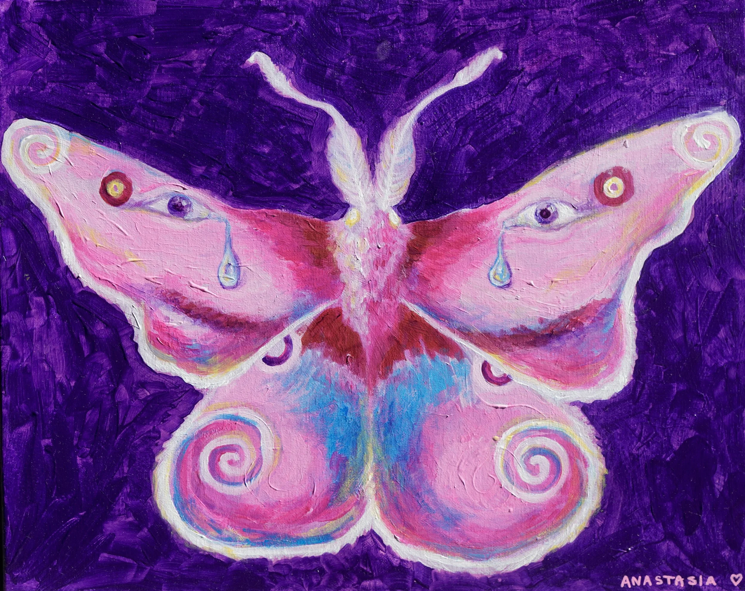 Painting of a pink butterfly with spiral patterns on its wings, set against a dark purple background. The butterfly has a white body and teardrop-shaped blue markings with a yellow outline on its lower wings. The lower right corner is signed 'AMASTAS