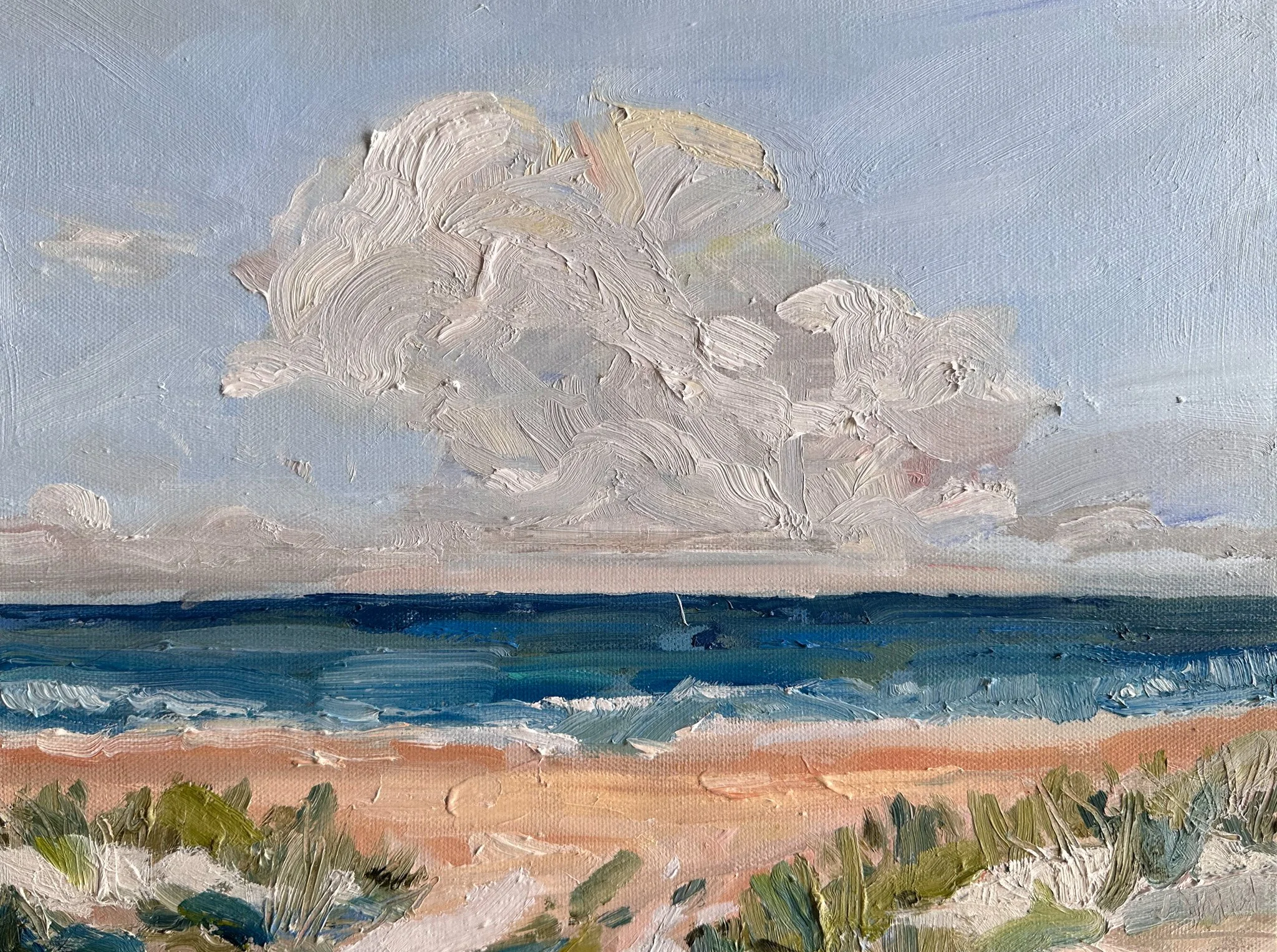 Oil painting of a seascape with a cloudy sky, blue ocean, and sandy beach with green grass in the foreground.
