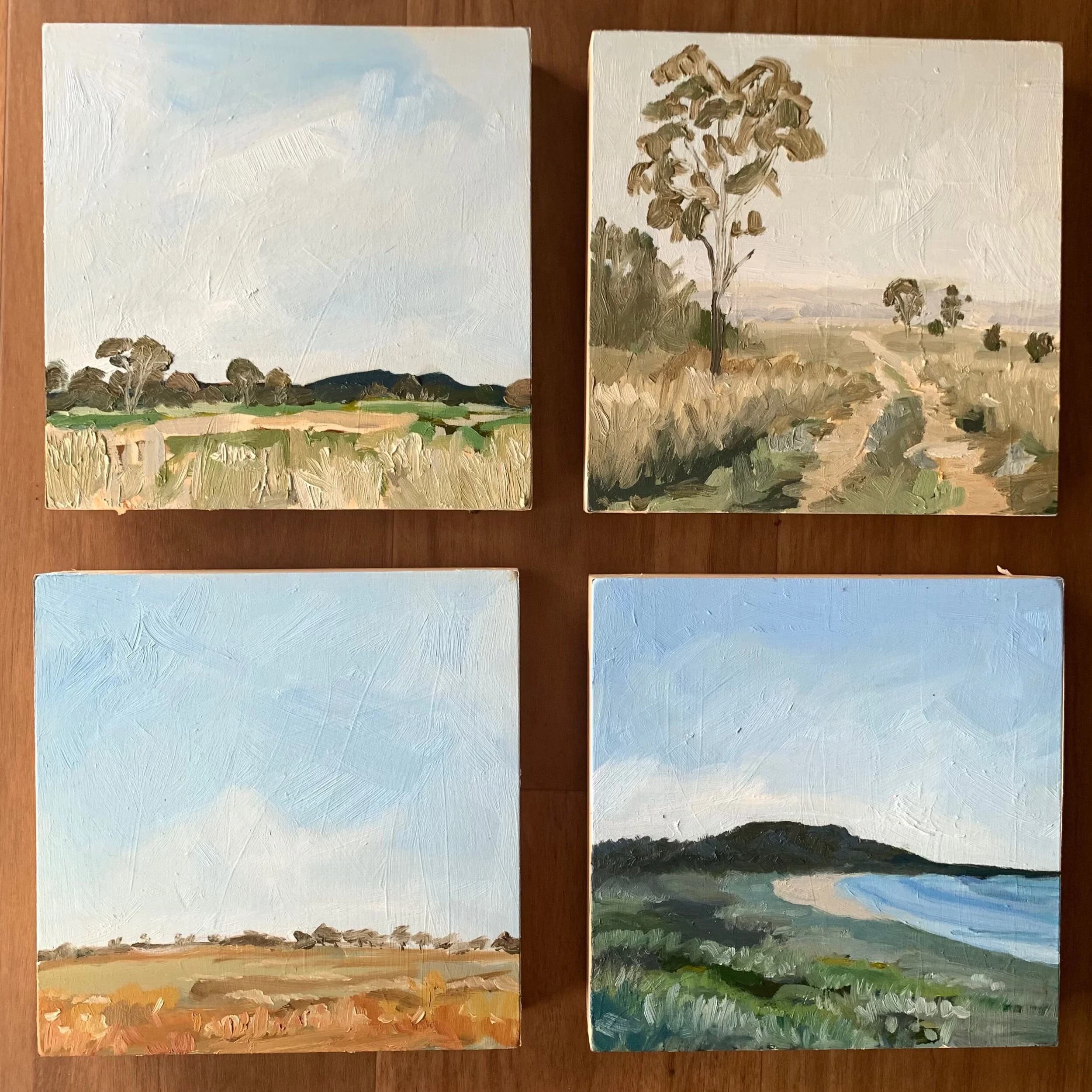 Four landscape paintings, each depicting different outdoor scenes with fields, trees, and sky, arranged in a 2x2 grid.