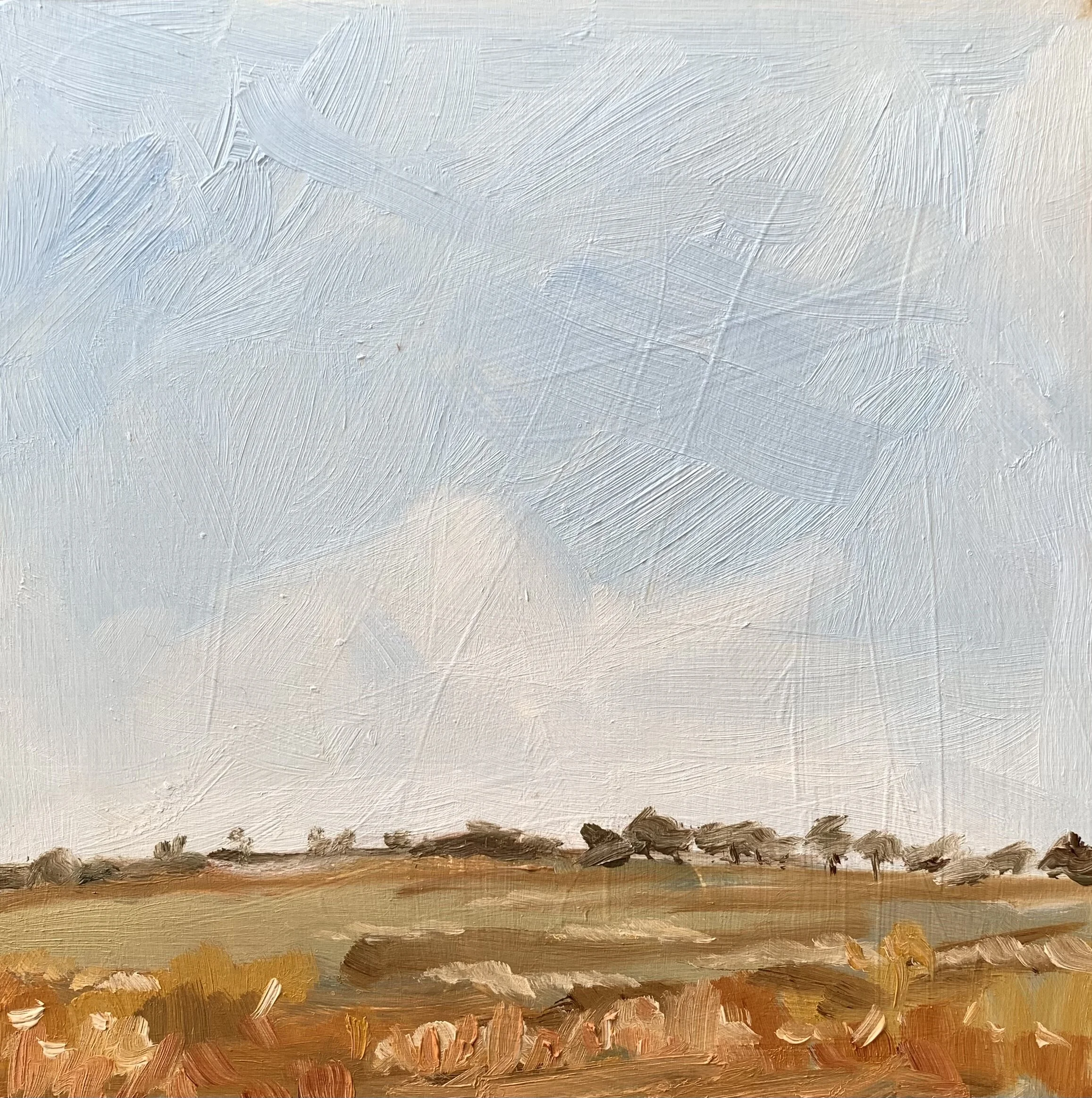 An oil painting of a sunburnt landscape with trees in the distance under a open blue sky