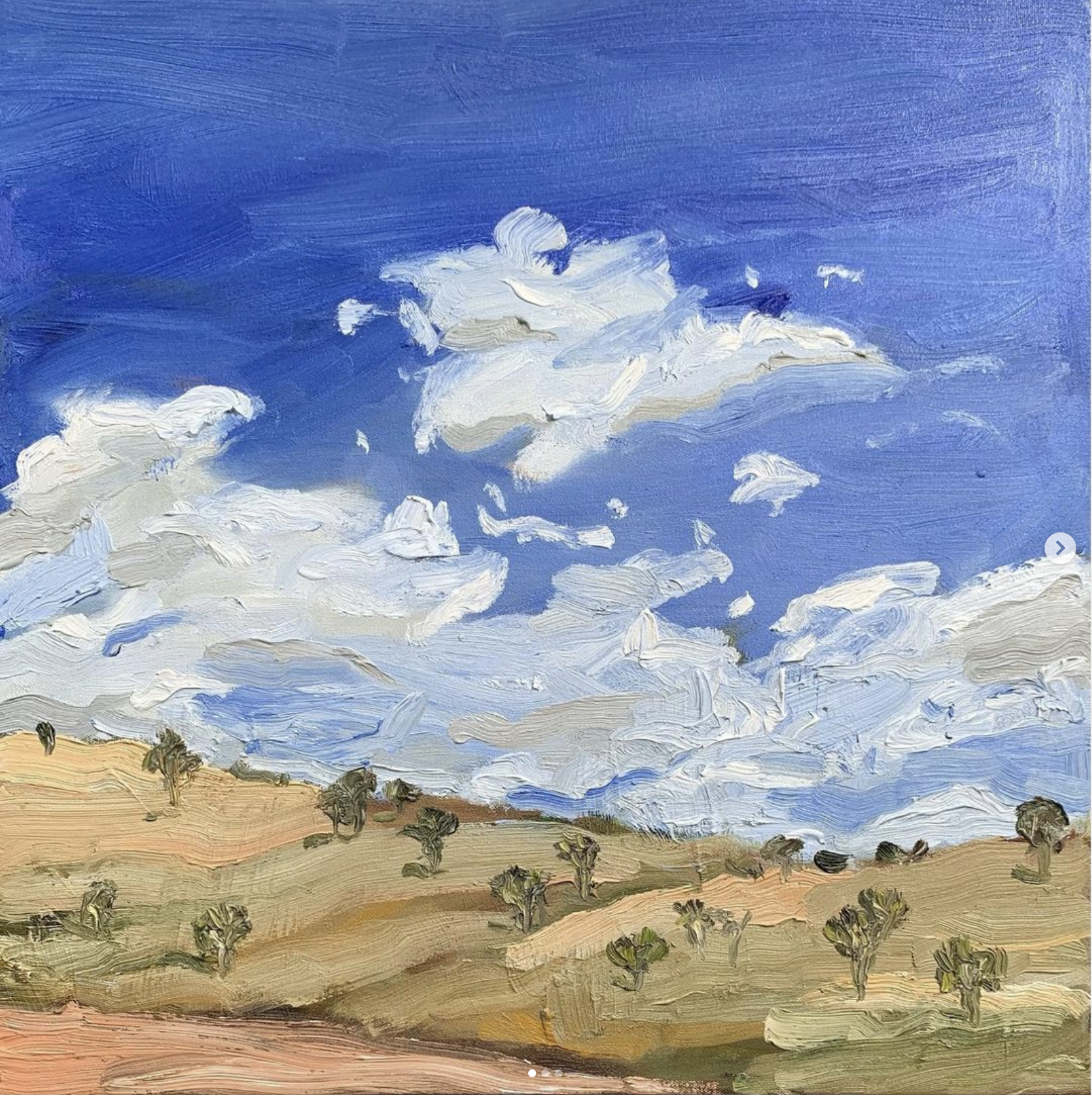 An oil painting of a landscape with a bright blue sky filled with fluffy white clouds, and a rolling hillside with sparse trees in shades of green and brown.