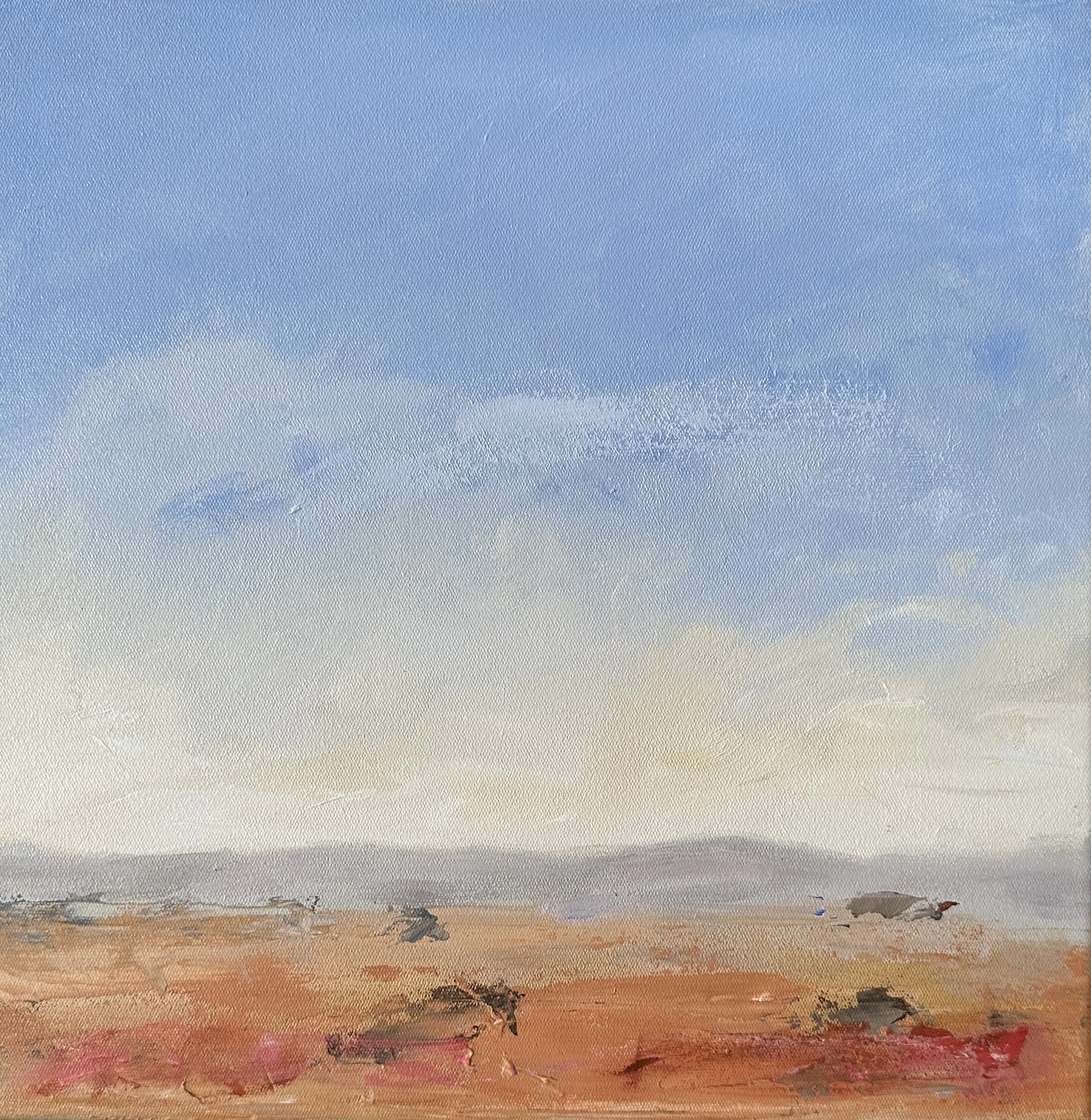 A landscape painting of a field with a few trees, distant mountains in the background, and a cloudy sky.