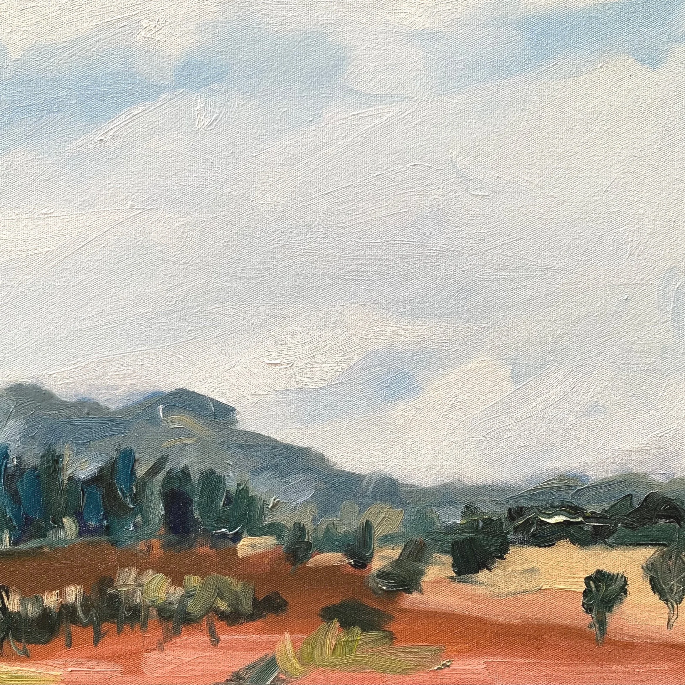 Oil painting of a landscape with a cloudy sky, distant hills, and trees and shrubs in the foreground.