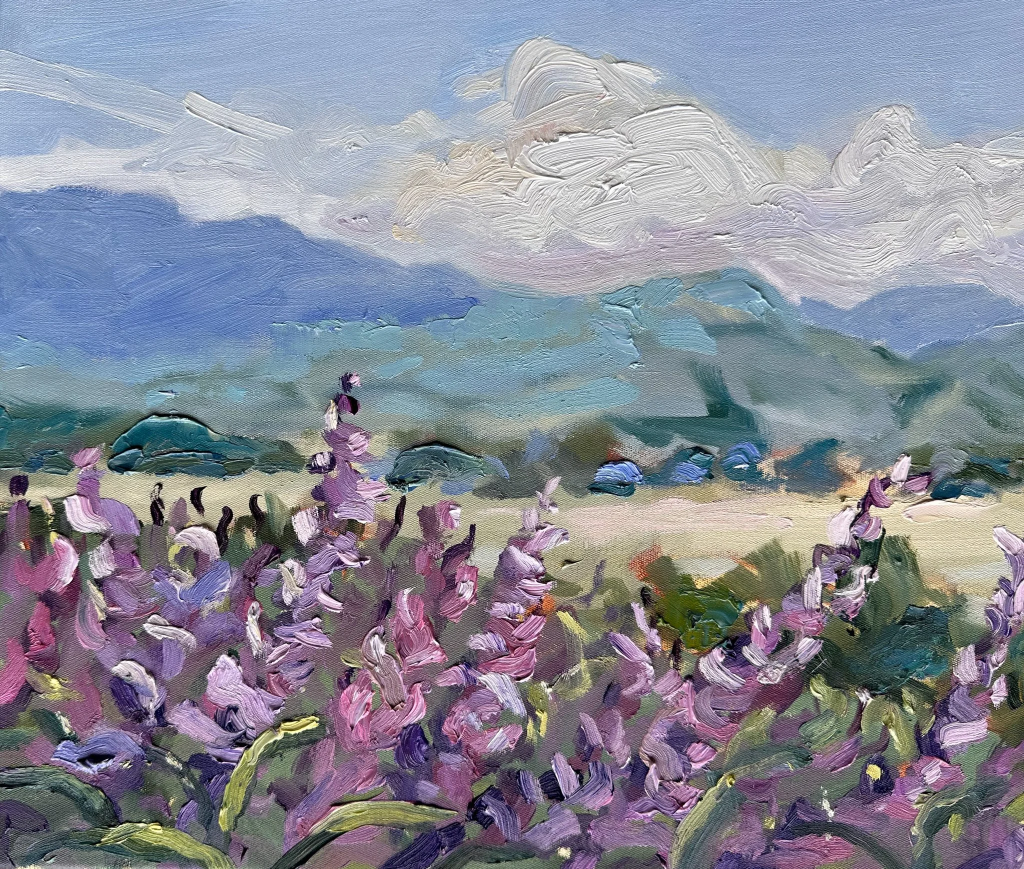 Impressionist painting of a landscape with purple flowers in the foreground, green hills, and mountains under a sky with white clouds.