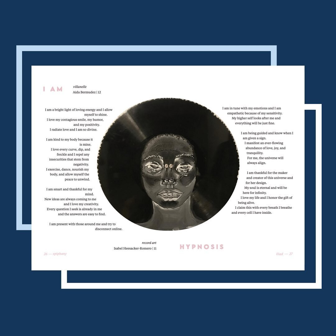 Throwback to this spread from the 2021 edition of the iliad, OKEANOS. It features the villanelle, &ldquo;I Am&rdquo;, by Aida Bermudez, and record art, &ldquo;Hypnosis&rdquo;, by Isabel Heesacker-Romero. Any form of creative expression can be submitt