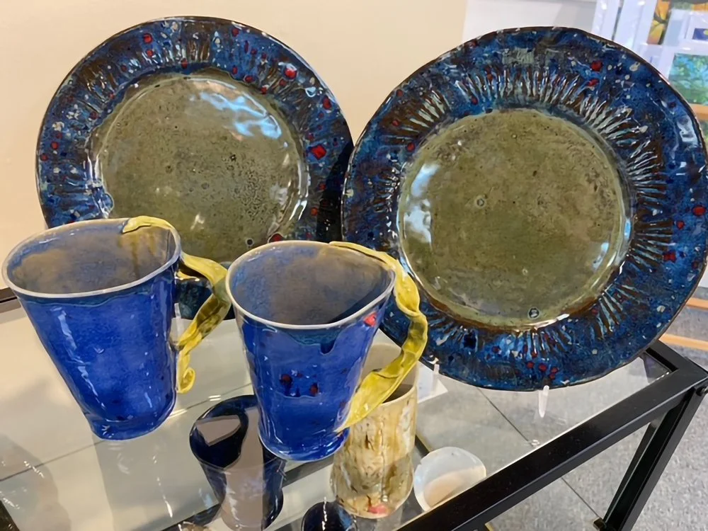 Blue porcelain clay plates and cups by Della Wood
