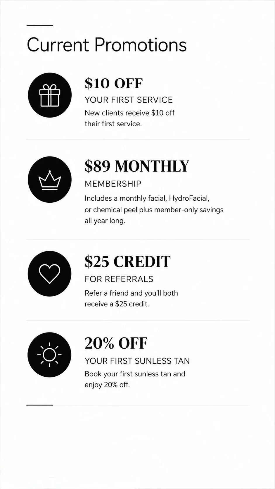 Current skin care, specials, and promotions, including facials, micro, needling, chemical, peels, waxing, and airbrush tanning in Westminster, Colorado