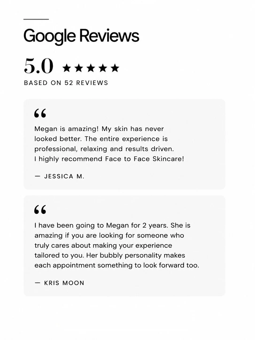 Five star client reviews for face to face skincare in Westminster, Colorado