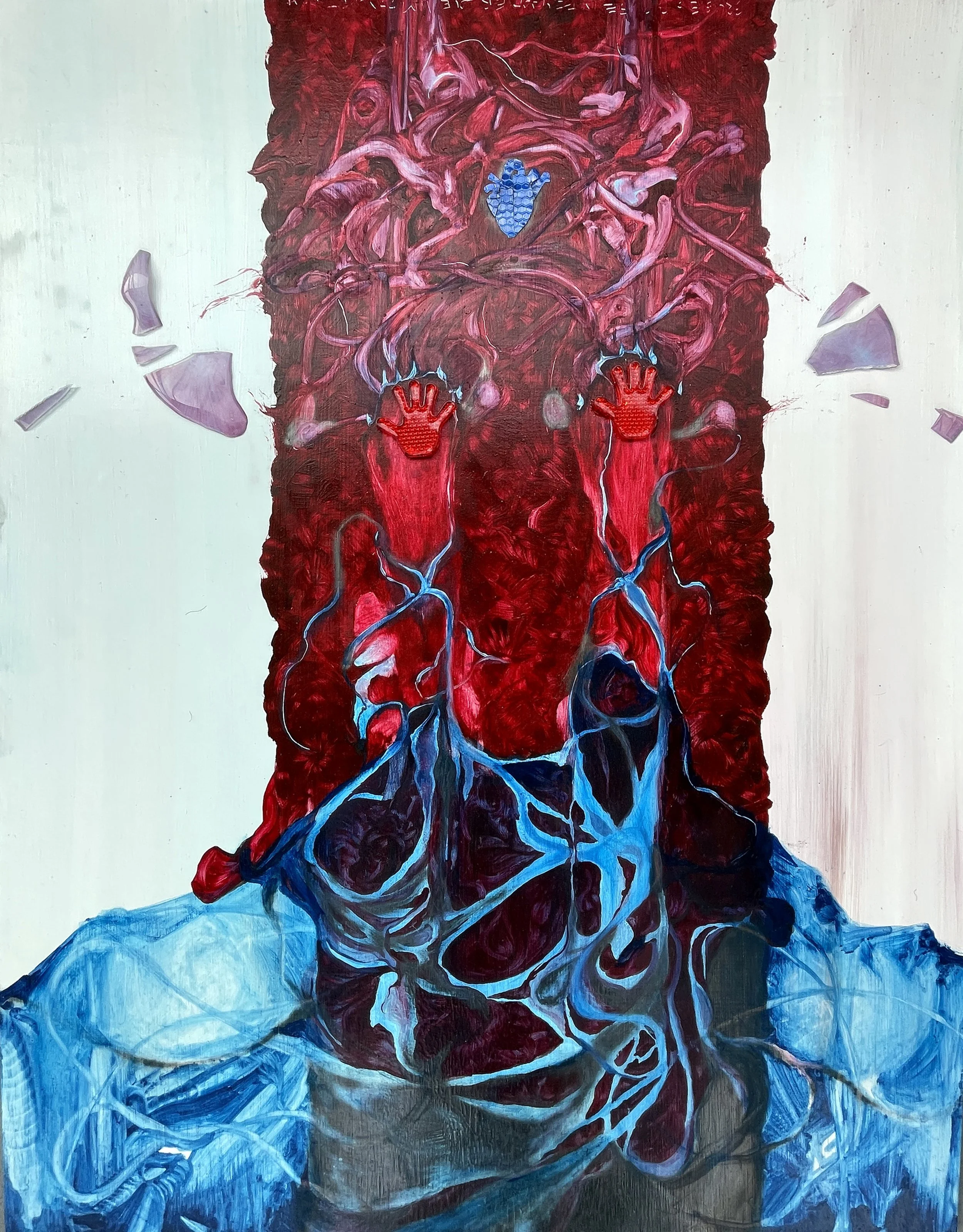 Purple, which has pulled the lady to pieces (Bruisey's Blues in the Mood for Love)

Pigment, oil, hi-vis tape, found objects and resin on Ply

2023

65 x 50 cm