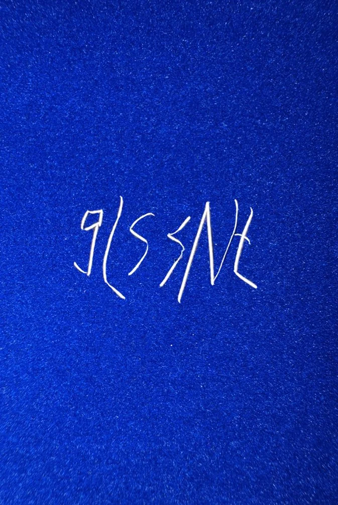 a blue velvet background stitched with the letters 'g-l-s-s-n-t' in reflective thread