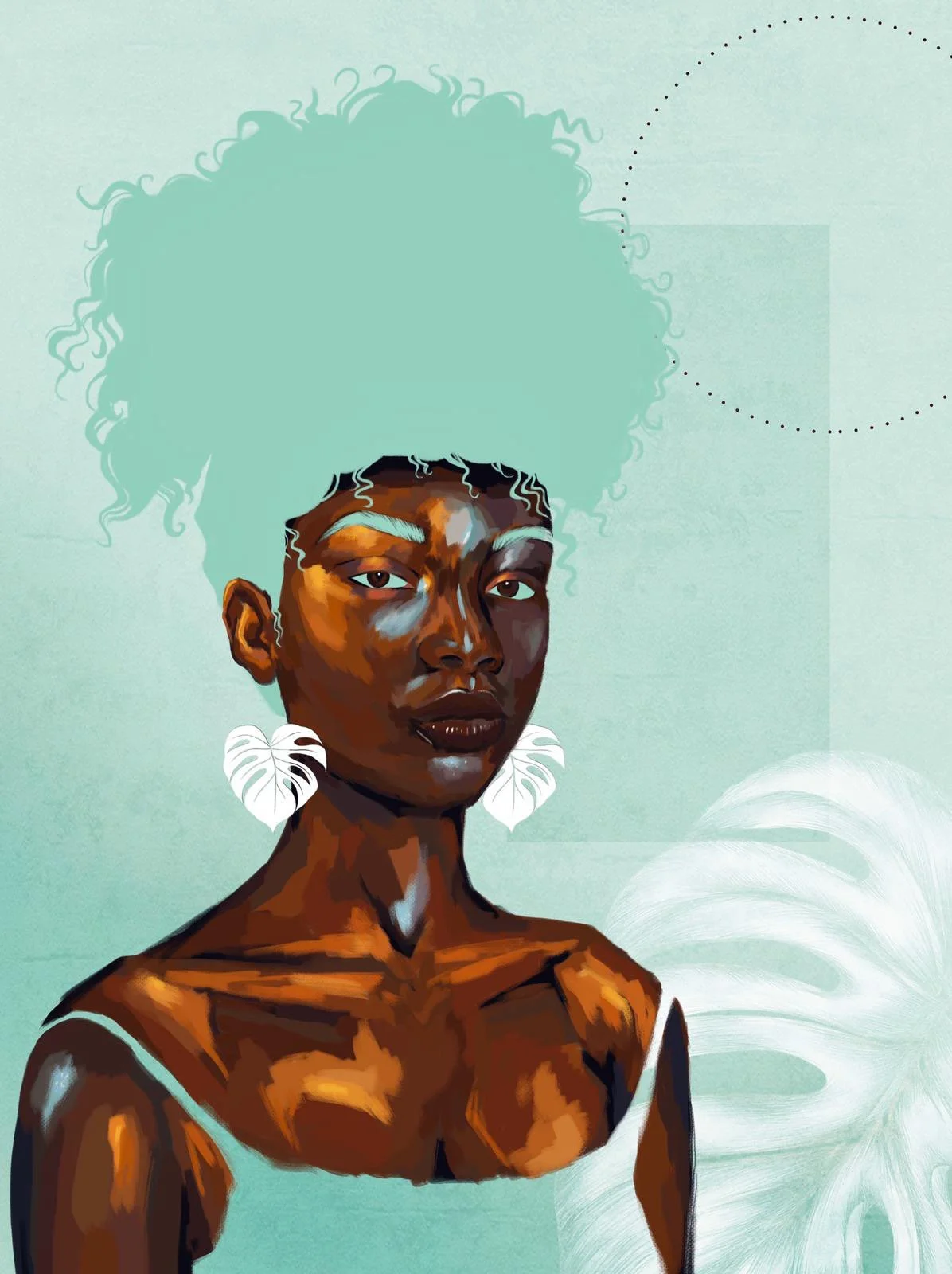 Digital illustration of a woman with dark skin and short curly hair, wearing large white leaf-shaped earrings and a white top, against a light mint green background with abstract leaf and dot patterns. By Nicole Vanner.