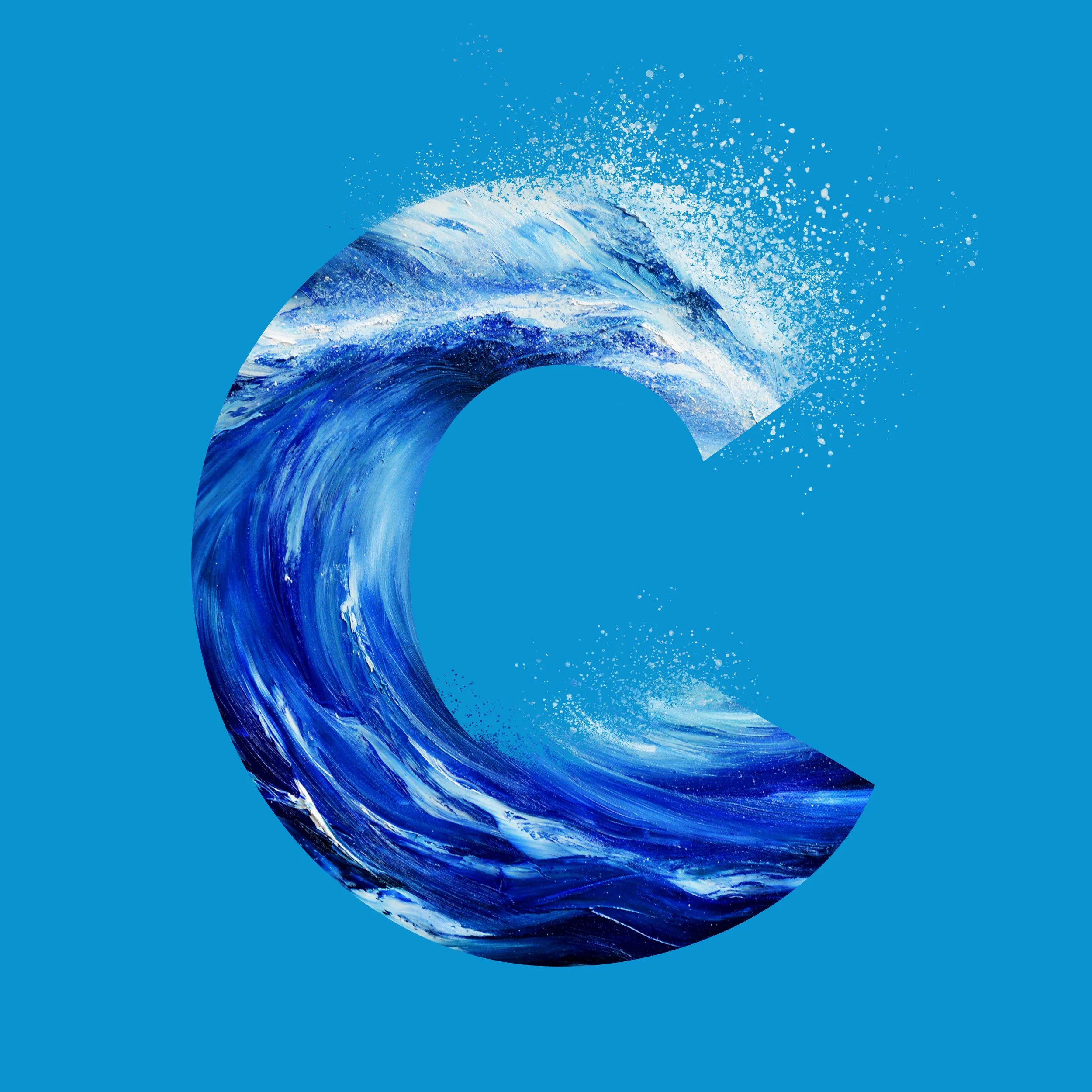 A large letter C designed with a wave of water, splashing and curling, set against a solid blue background. By Nicole Vanner.