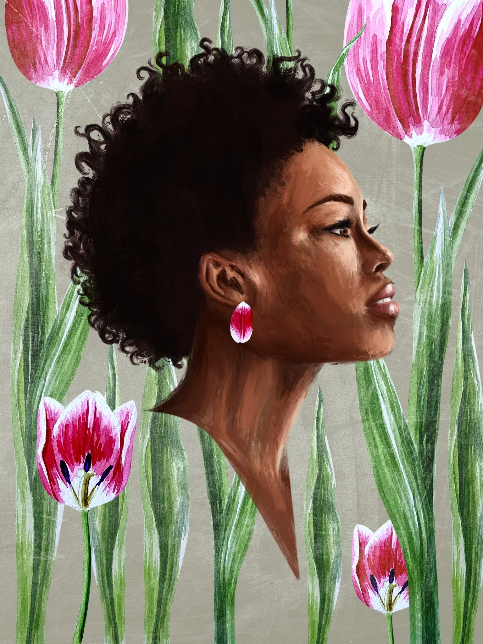 Portrait of a woman with short curly hair, earring, and makeup, set against a background of pink tulips and green leaves. By Nicole Vanner.