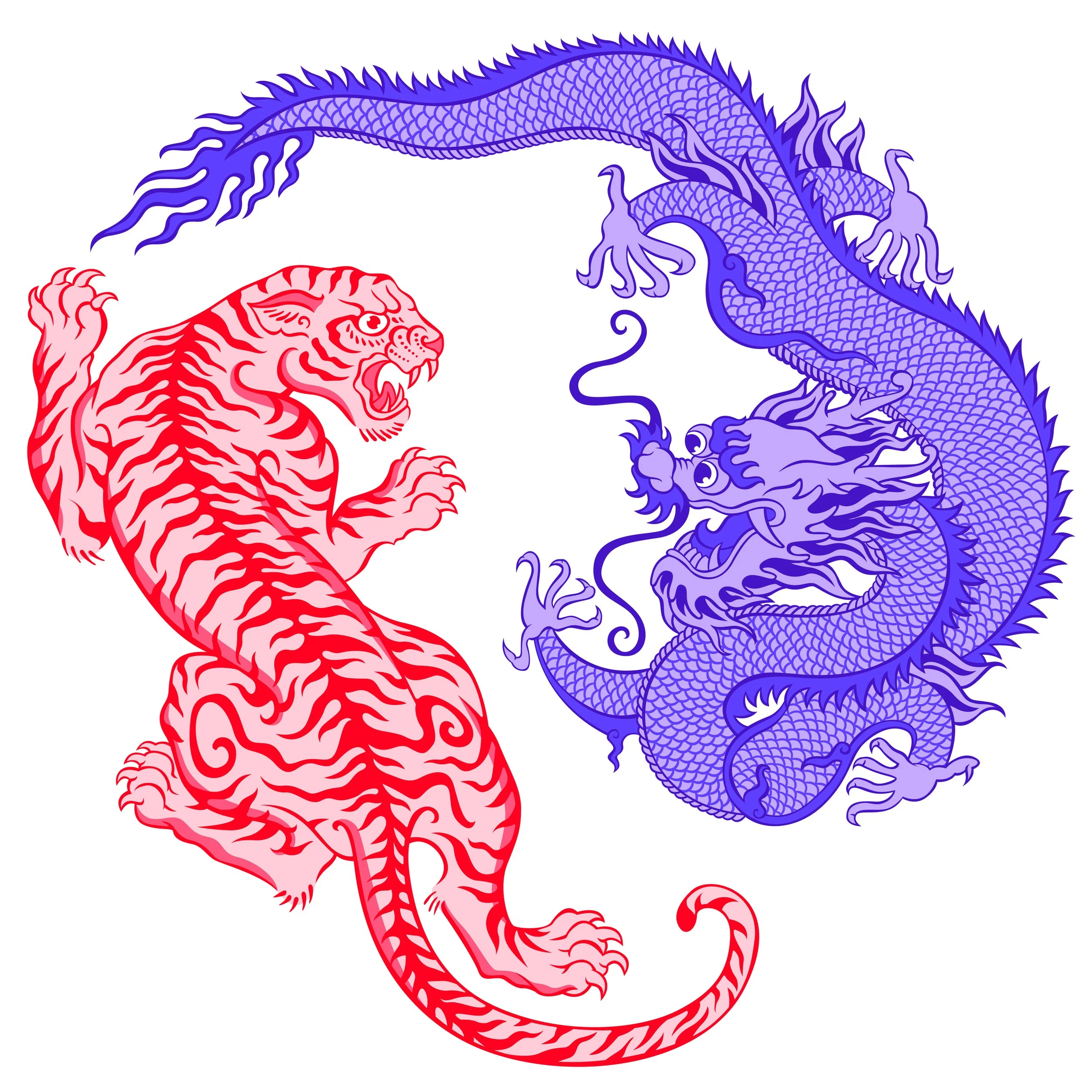 Illustration of a red tiger and a blue dragon in a traditional Chinese art style, facing each other. By Nicole Vanner.