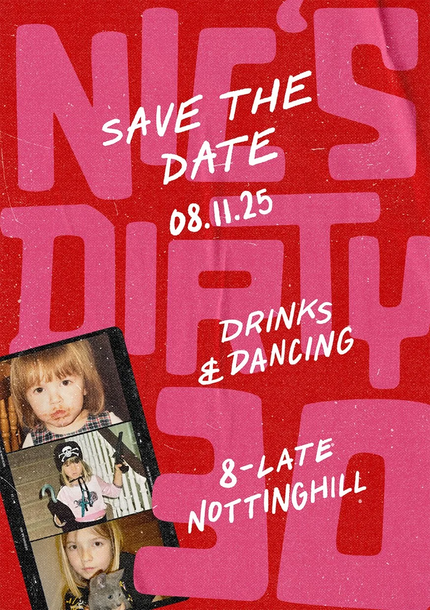 A red invitation with pink text for a party. By Nicole Vanner.