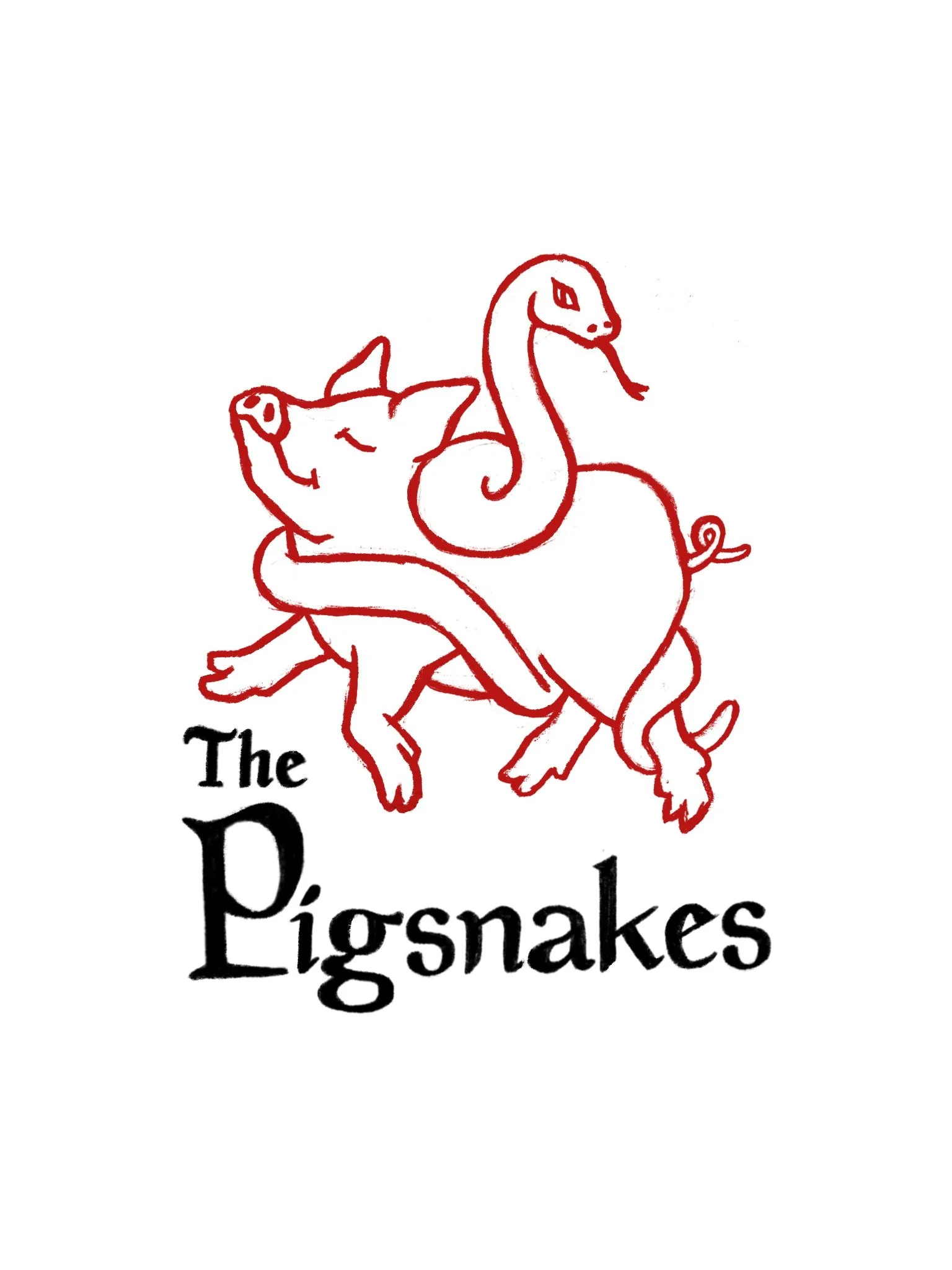 A red line drawing of a pig and a snake intertwined, with the text 'The Pigsnakes' underneath. By Nicole Vanner.