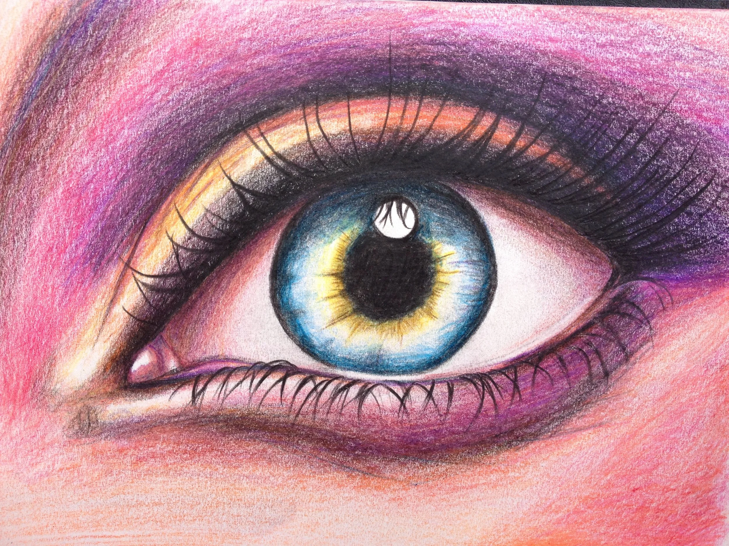 A colorful drawing of a human eye with a blue and yellow iris surrounded by pink and purple shadows. By Nicole Vanner.